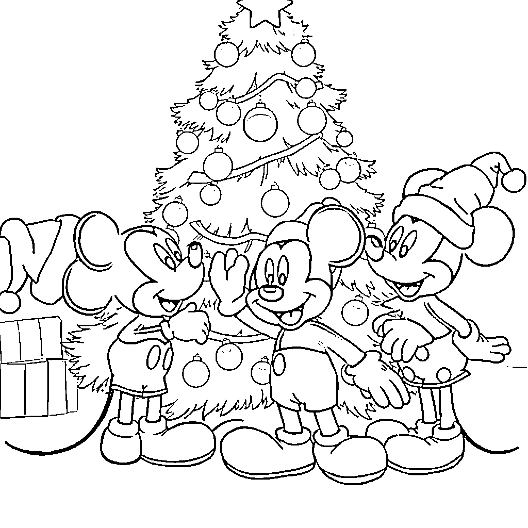 Mickey Mouse and friends celebrate Christmas tree Coloring Page (free black-and-white line drawing printable PDF for all, from beginners to advanced learners, including children, teens, adults, and seniors)