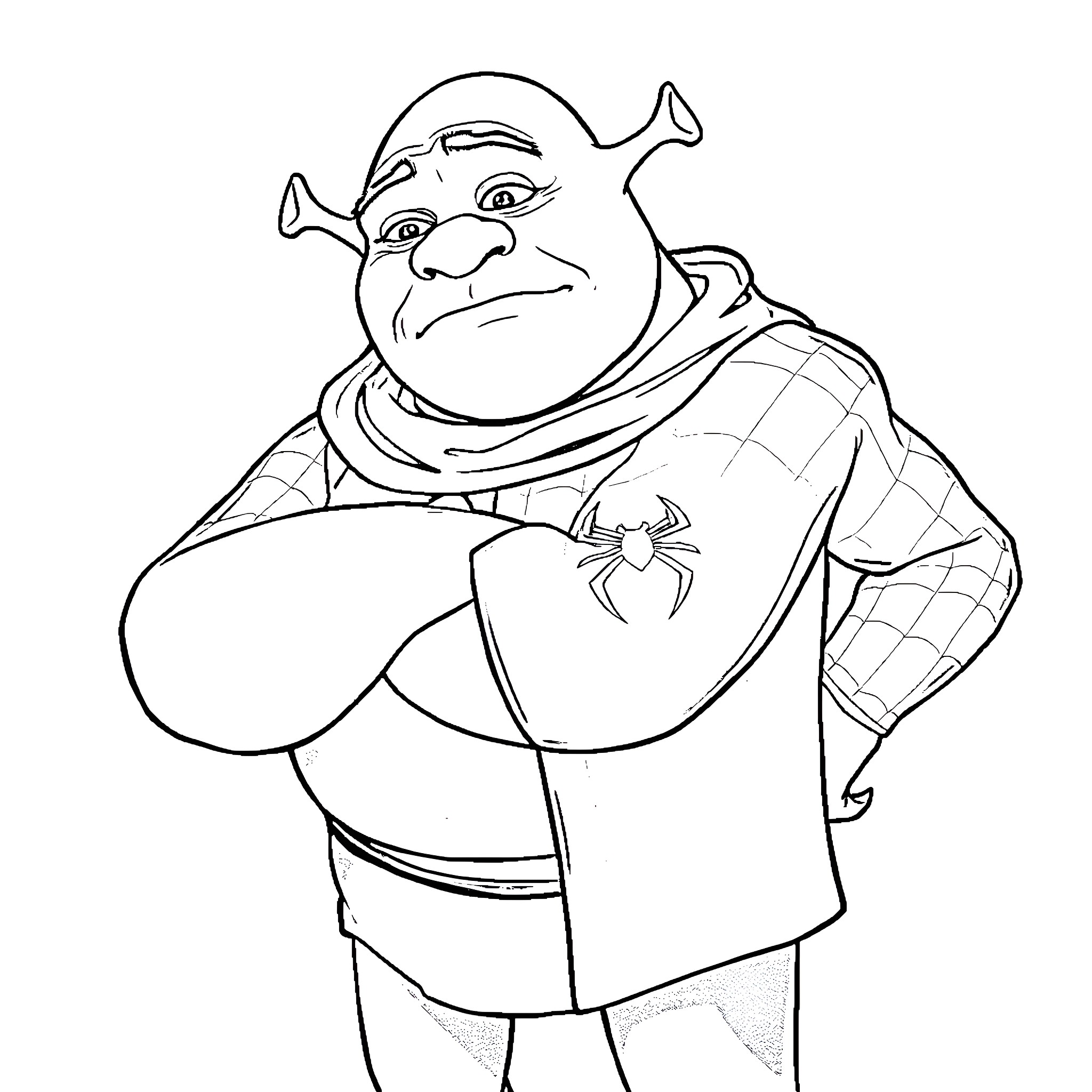 Shrek in Spider-Man costume with crossed arms Coloring Page (free black-and-white line drawing printable PDF for all, from beginners to advanced learners, including children, teens, adults, and seniors)