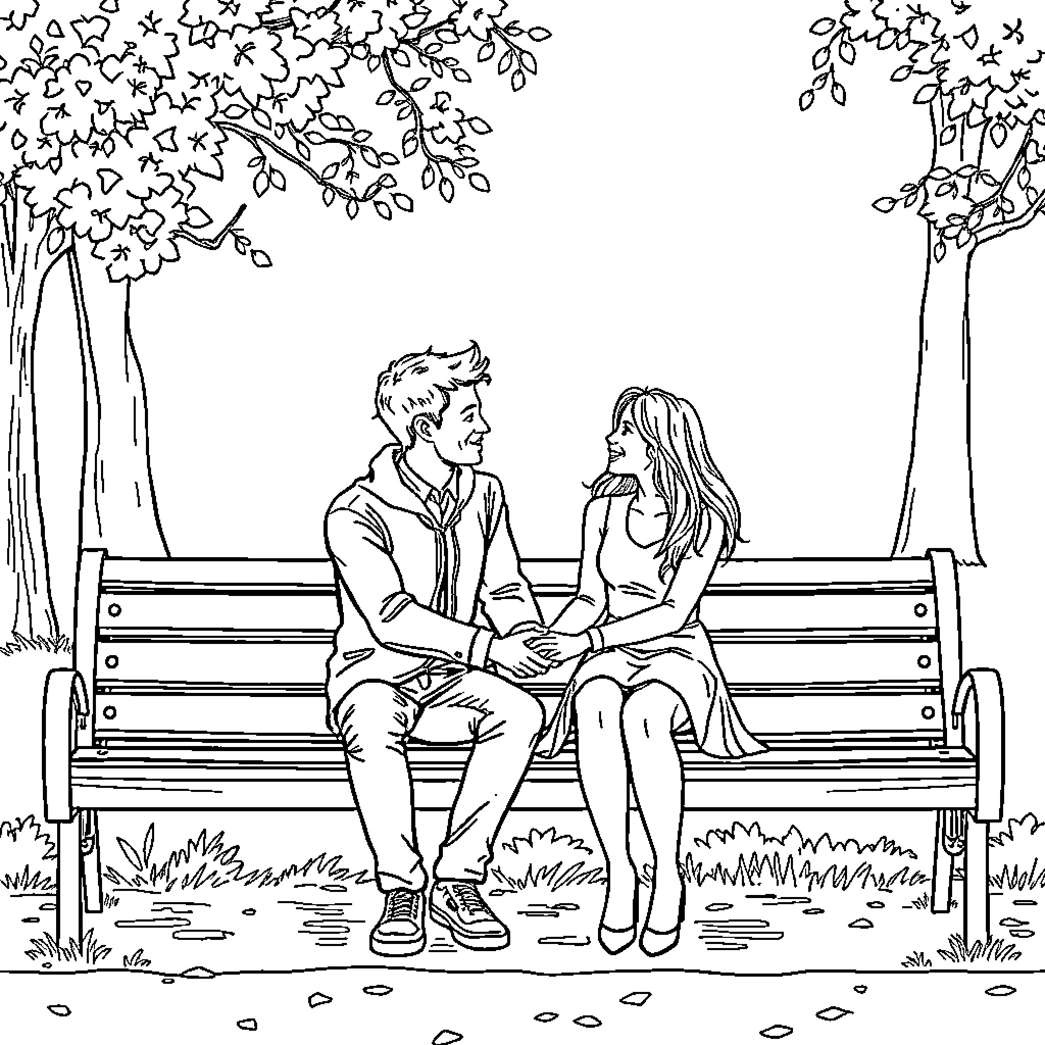 Lovers sharing a tender moment on a park bench Coloring Page (free black-and-white line drawing printable PDF for all, from beginners to advanced learners, including children, teens, adults, and seniors)