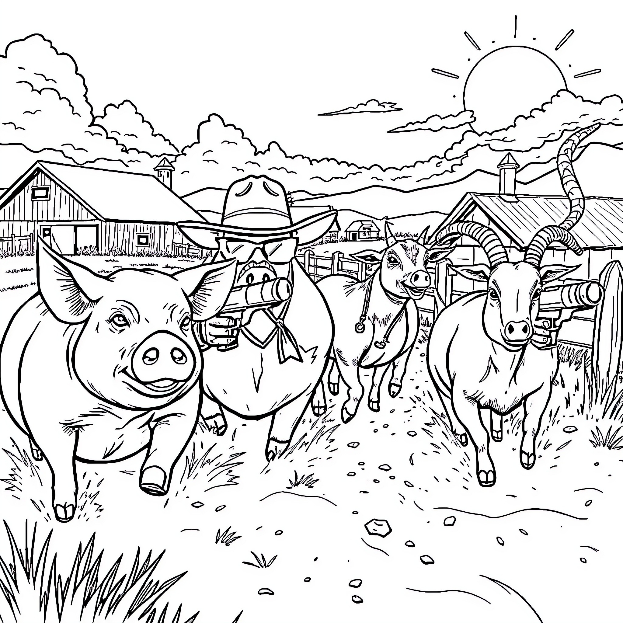 Pig farm with happy animals and farmer Coloring Page (free black-and-white line drawing printable PDF for all, from beginners to advanced learners, including children, teens, adults, and seniors)
