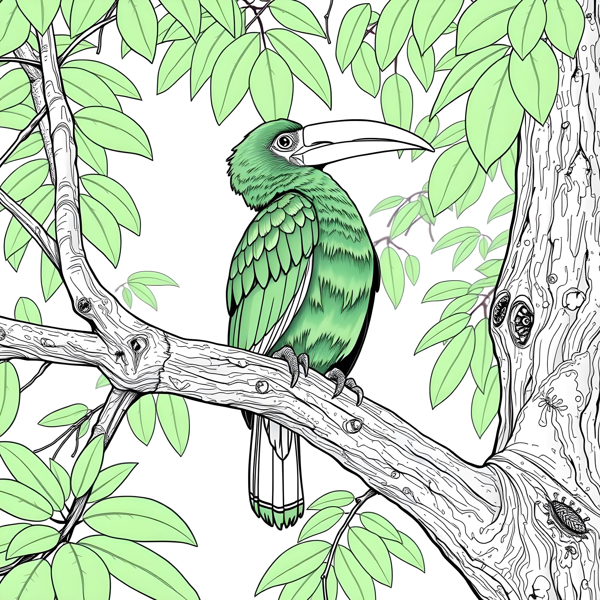 Toucanet perching on a tree branch in the forest Coloring Page (free black-and-white line drawing printable PDF for all, from beginners to advanced learners, including children, teens, adults, and seniors)