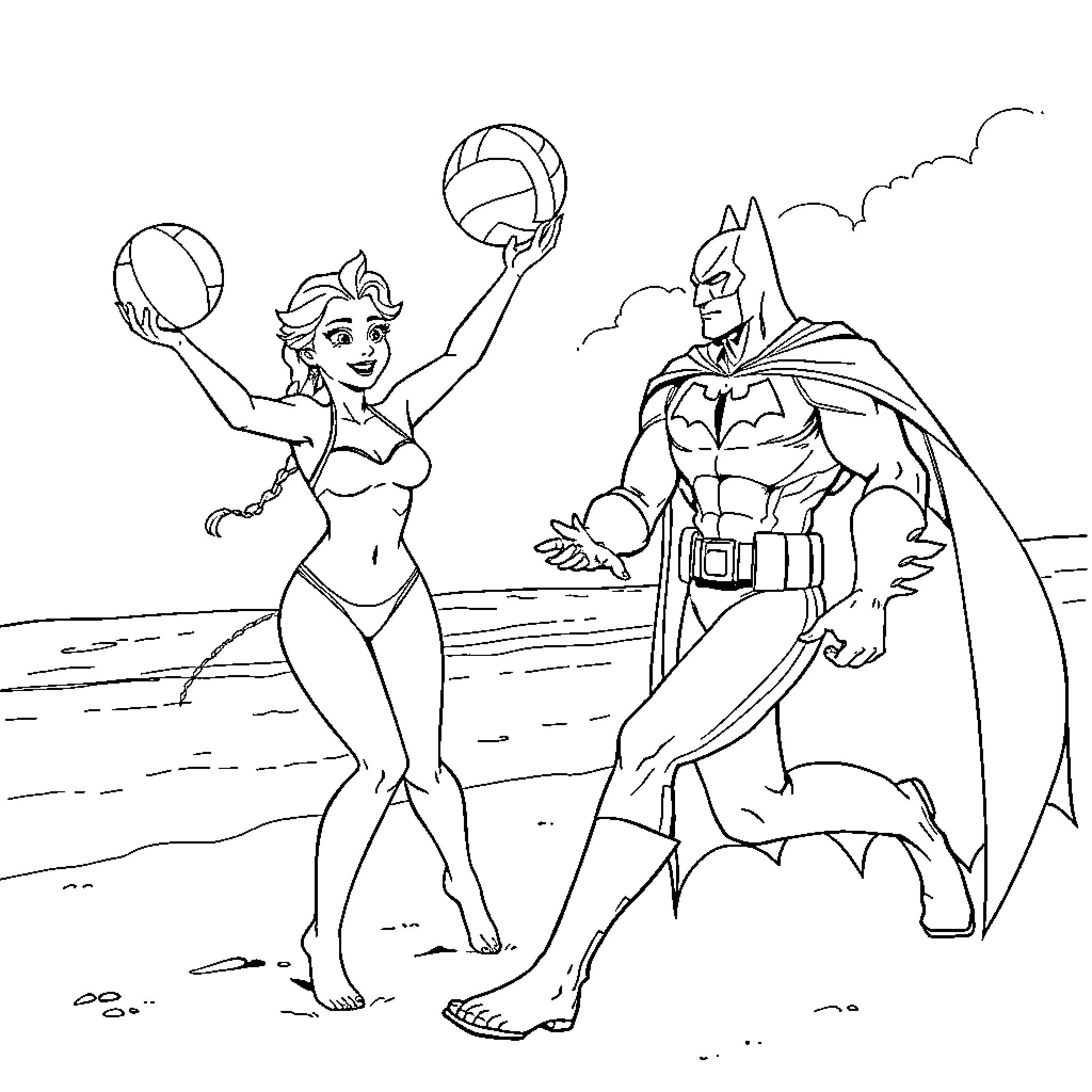Elsa and Batman Playing Beach Volleyball Coloring Page (free black-and-white line drawing printable PDF for all, from beginners to advanced learners, including children, teens, adults, and seniors)