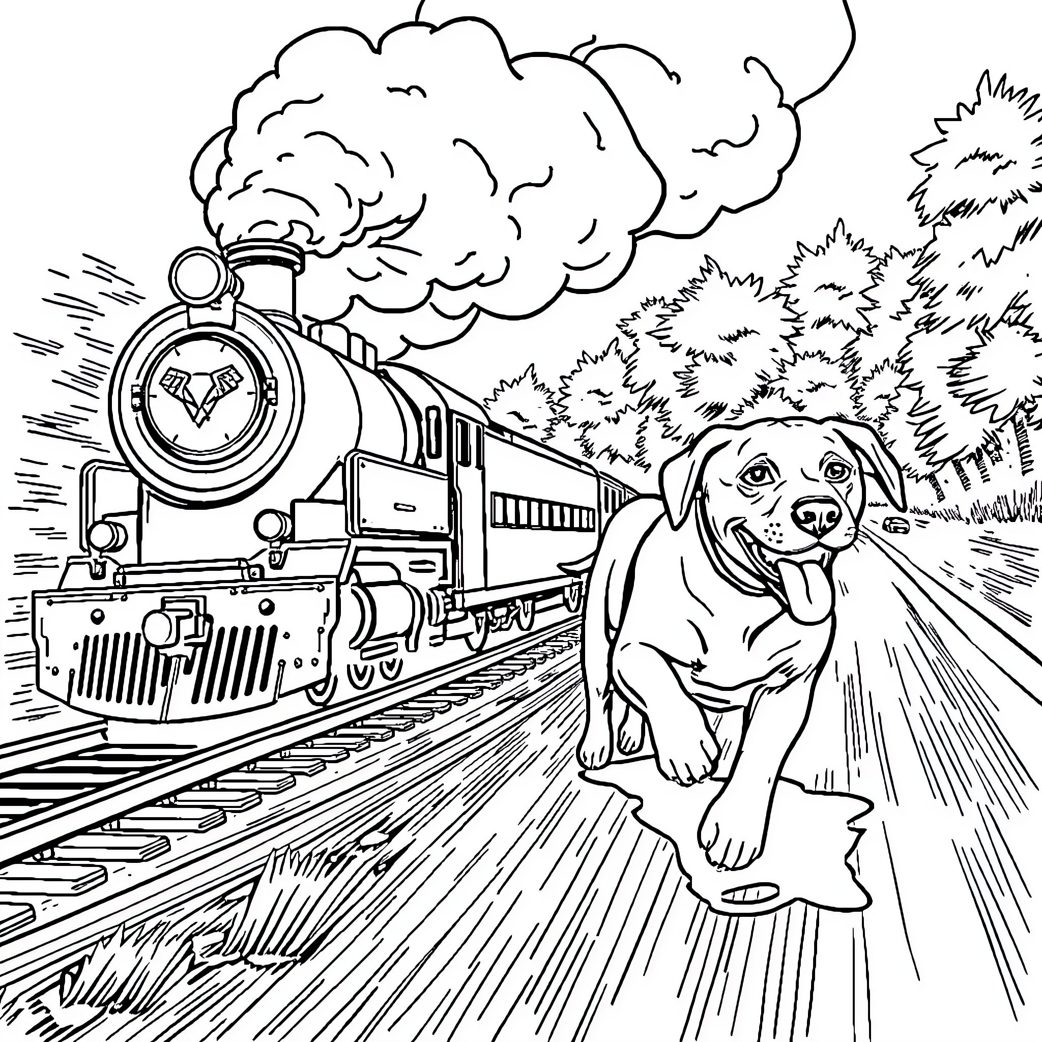 Lionel Train with Excited Puppy Companion Coloring Page (free black-and-white line drawing printable PDF for all, from beginners to advanced learners, including children, teens, adults, and seniors)