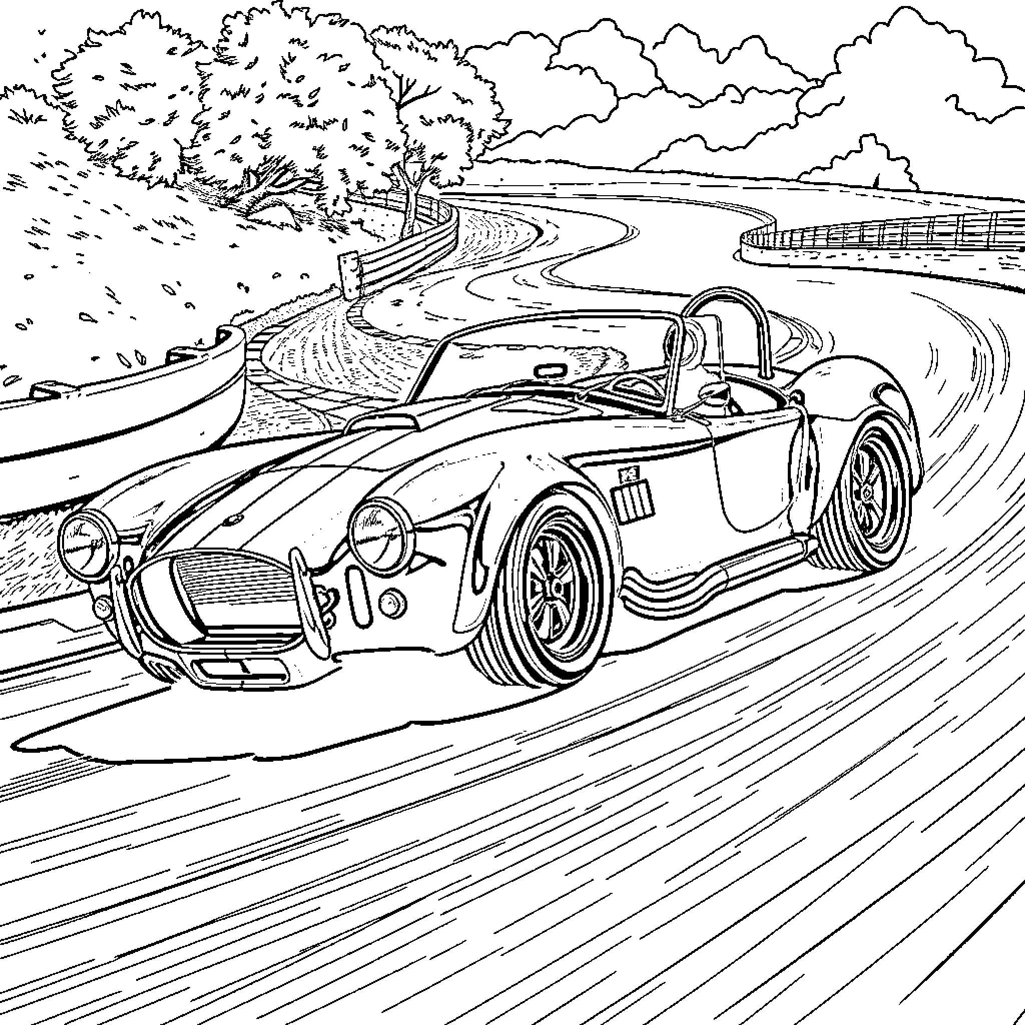 AC Cobra racing down a winding road Coloring Page (free black-and-white line drawing printable PDF for all, from beginners to advanced learners, including children, teens, adults, and seniors)