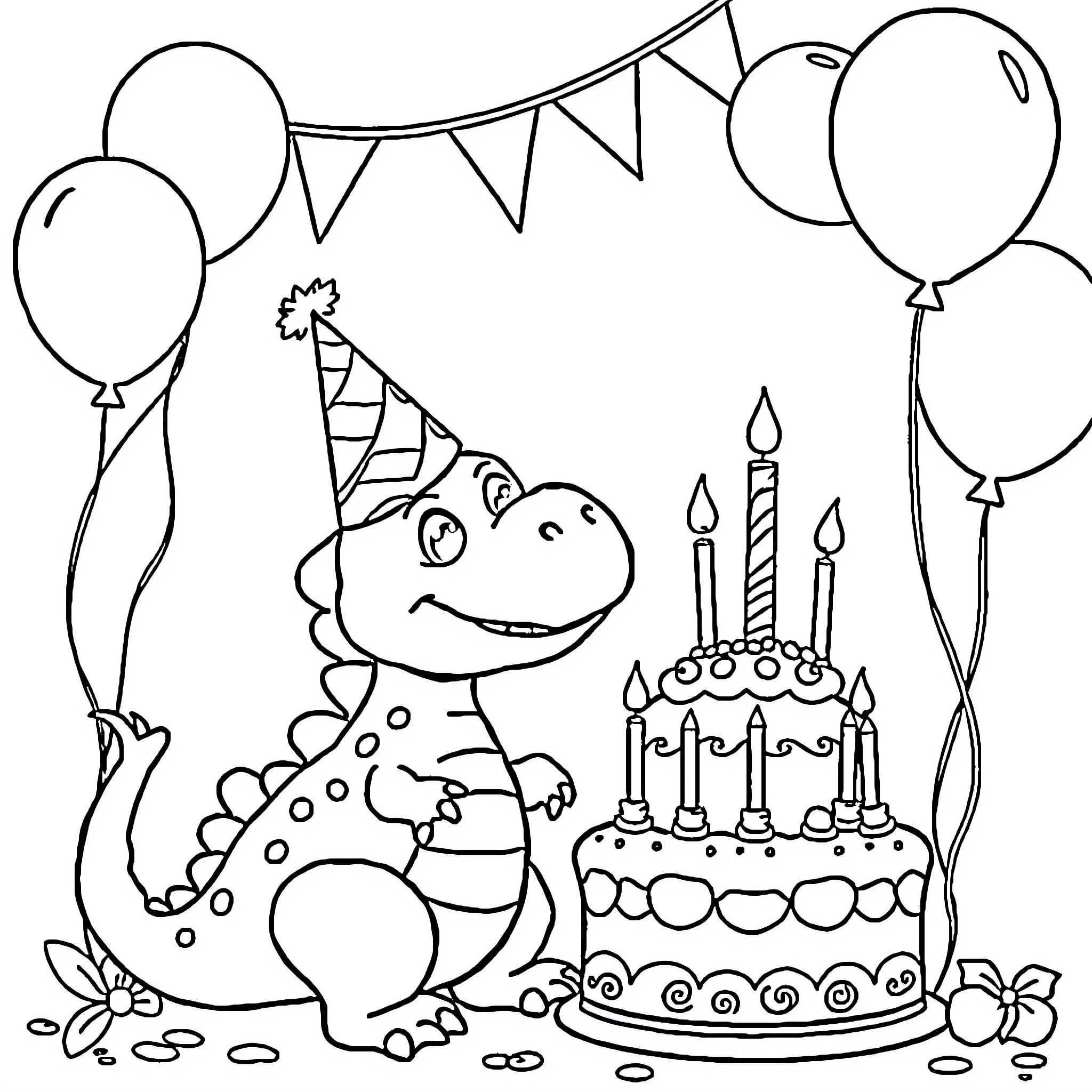 Dinosaur birthday party with balloons and cake Coloring Page (free black-and-white line drawing printable PDF for all, from beginners to advanced learners, including children, teens, adults, and seniors)