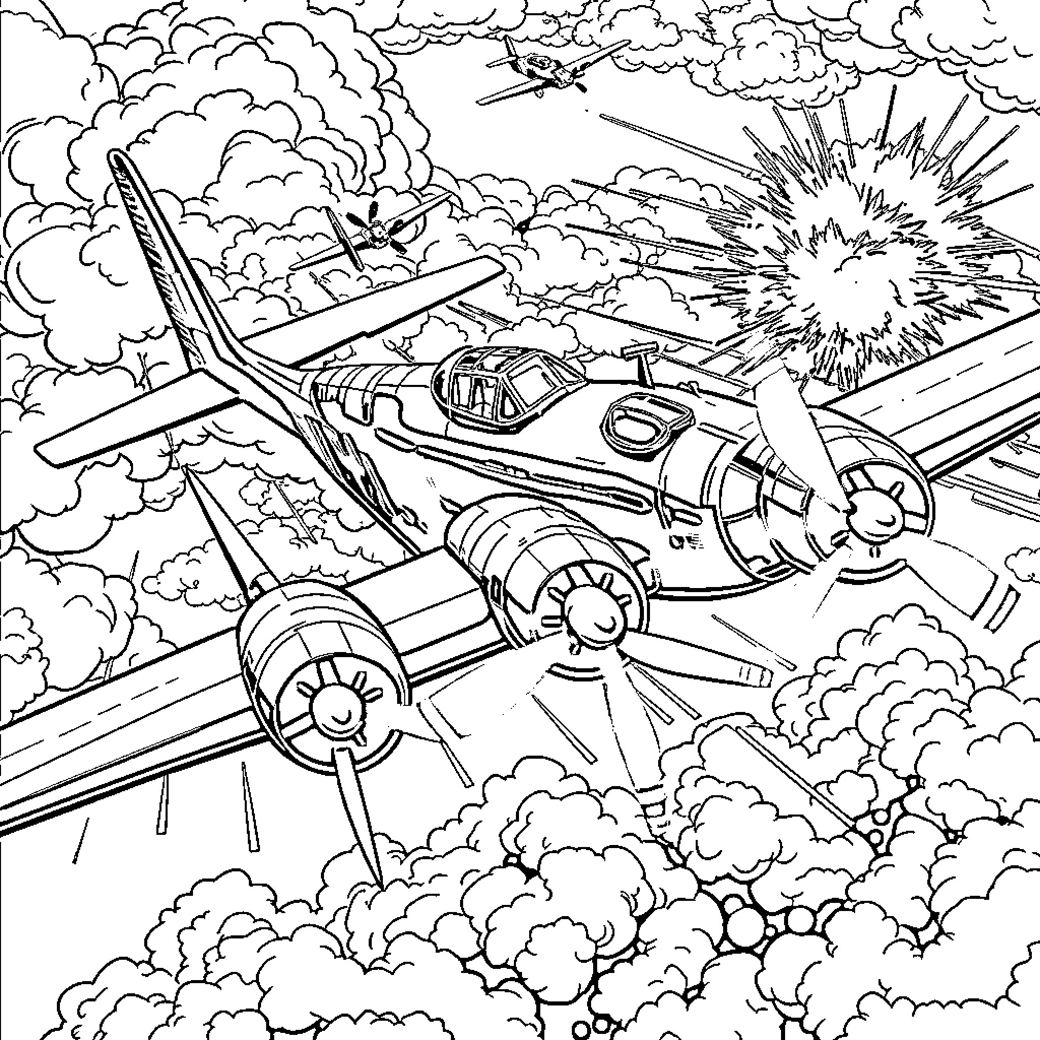 B17 Bomber Planes in Aerial Combat Coloring Page (free black-and-white line drawing printable PDF for all, from beginners to advanced learners, including children, teens, adults, and seniors)