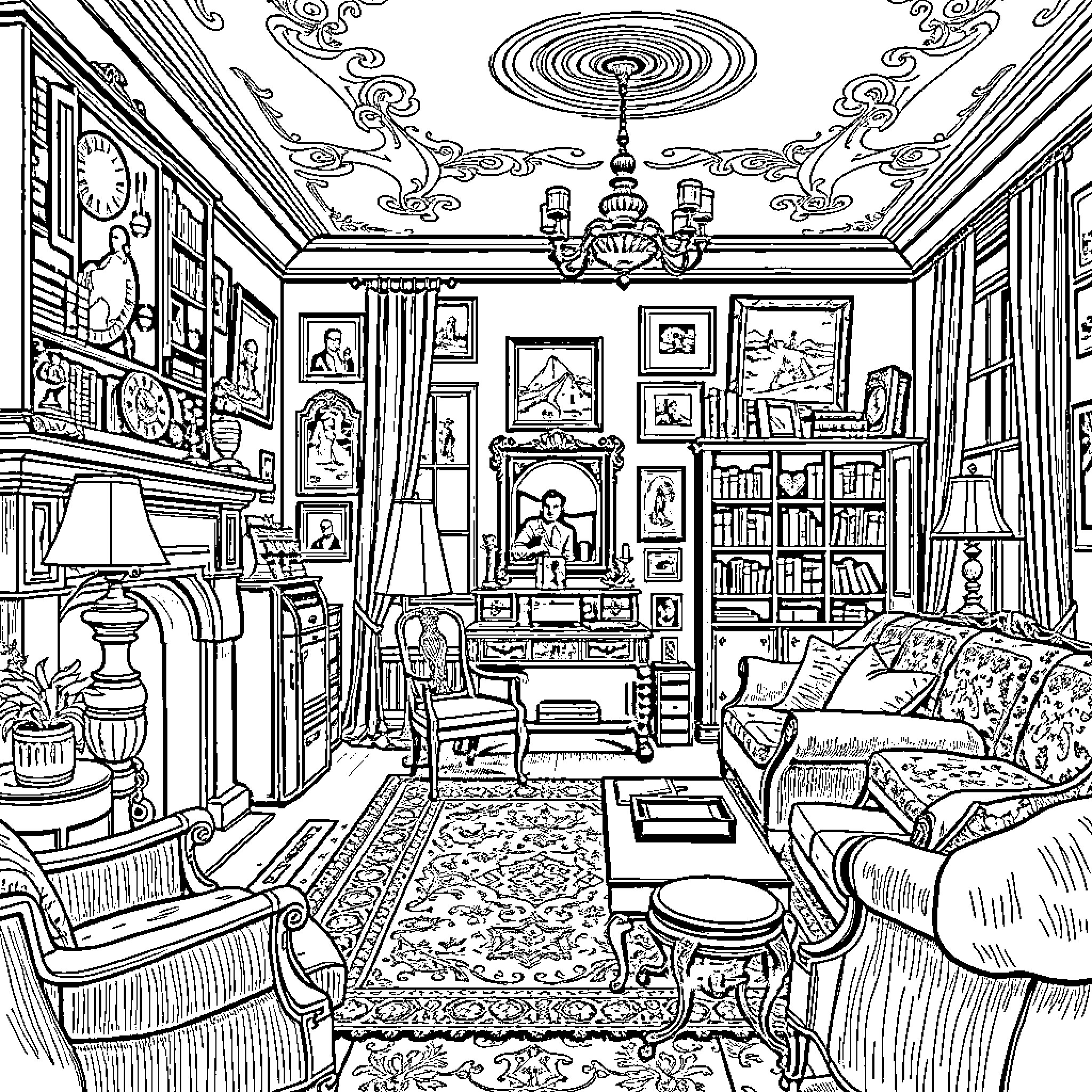 Living Room with Ornate Furnishings and Decor Coloring Page (free black-and-white line drawing printable PDF for all, from beginners to advanced learners, including children, teens, adults, and seniors)