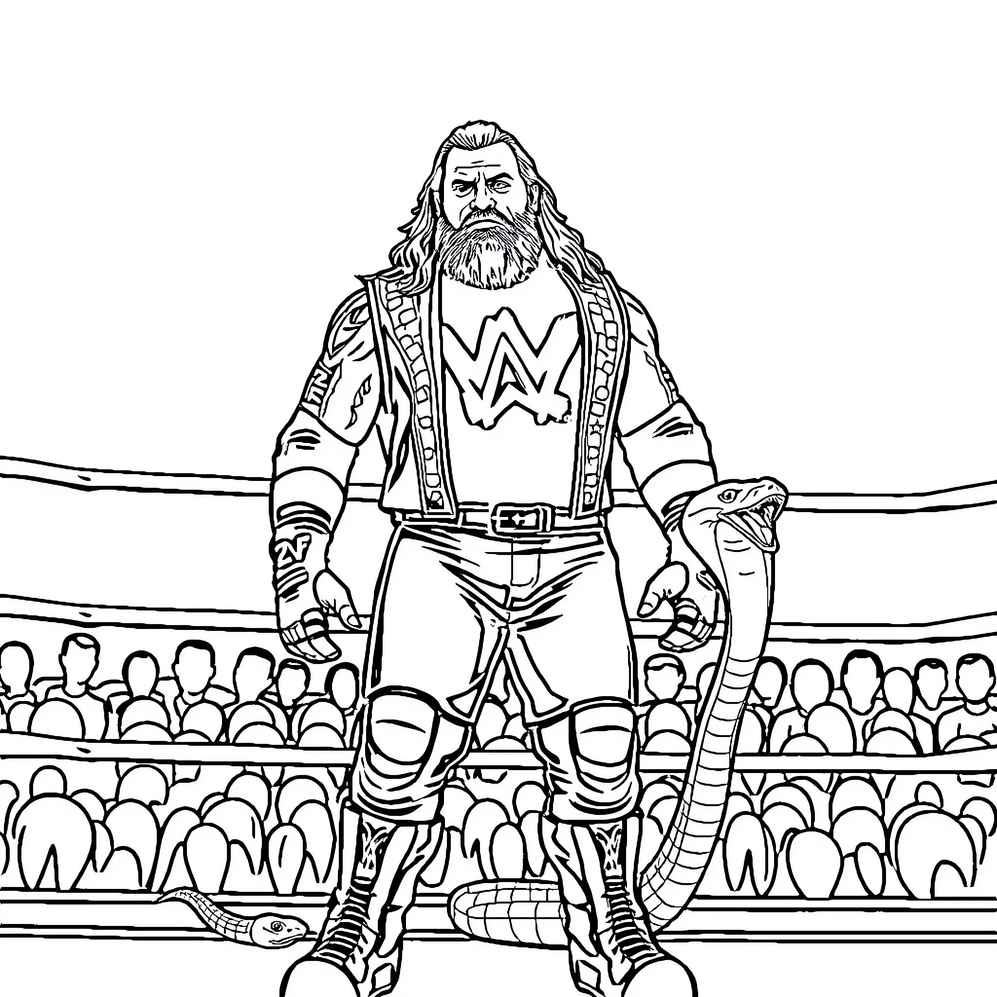 Jake the Snake wrestling in the ring Coloring Page (free black-and-white line drawing printable PDF for all, from beginners to advanced learners, including children, teens, adults, and seniors)