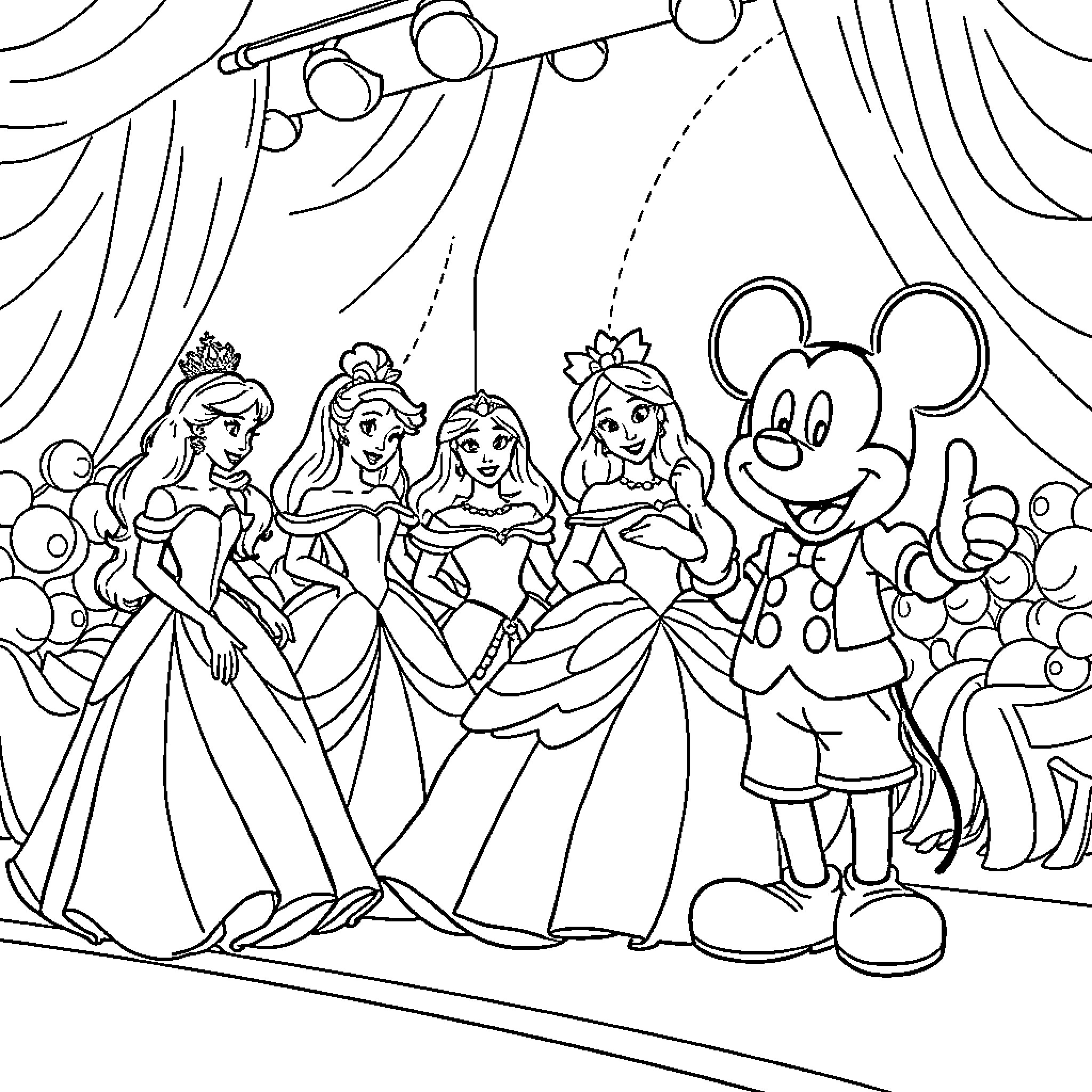 Princess characters performing on stage Coloring Page (free black-and-white line drawing printable PDF for all, from beginners to advanced learners, including children, teens, adults, and seniors)