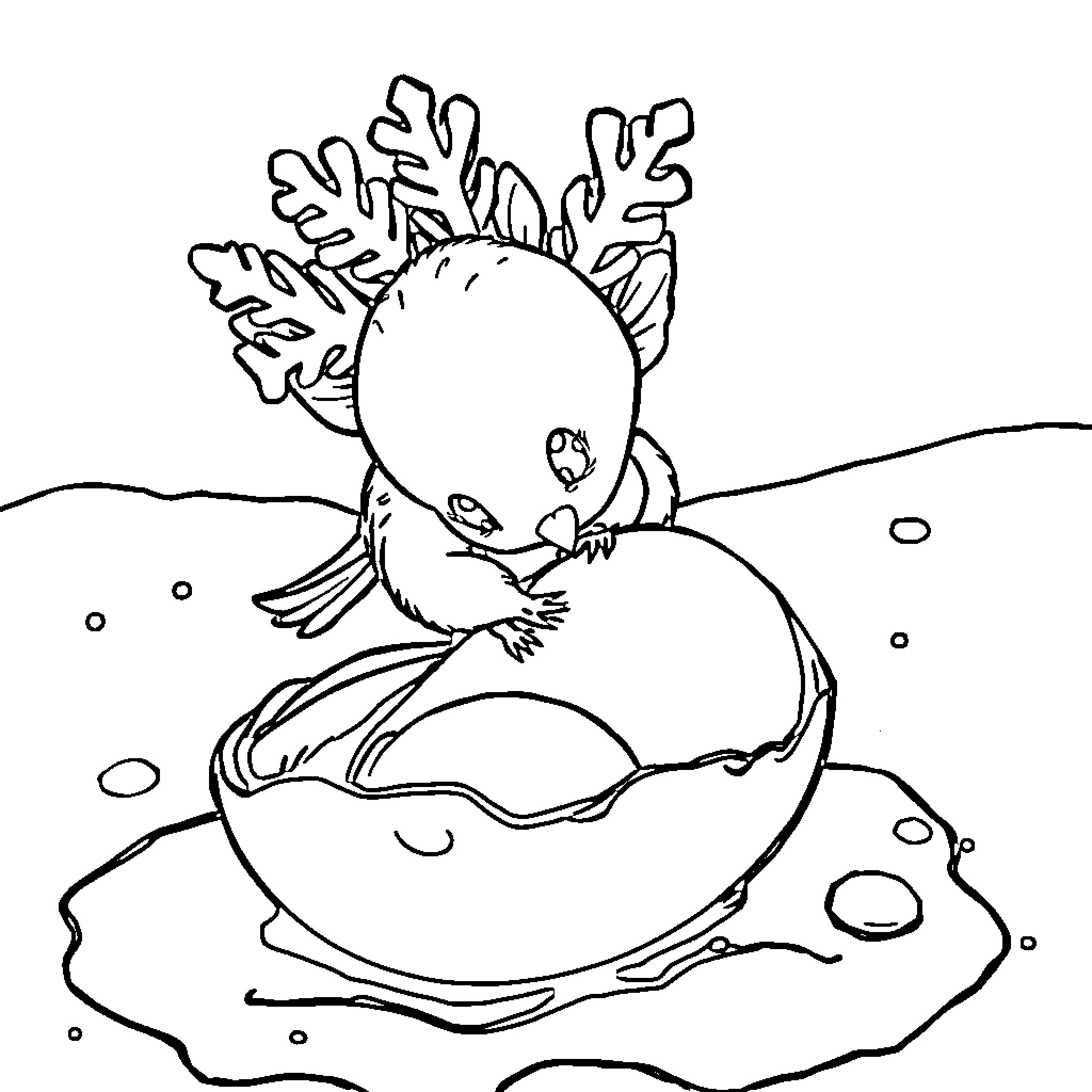 Snowflake Creature Enjoying Winter Wonderland Coloring Page (free black-and-white line drawing printable PDF for all, from beginners to advanced learners, including children, teens, adults, and seniors)
