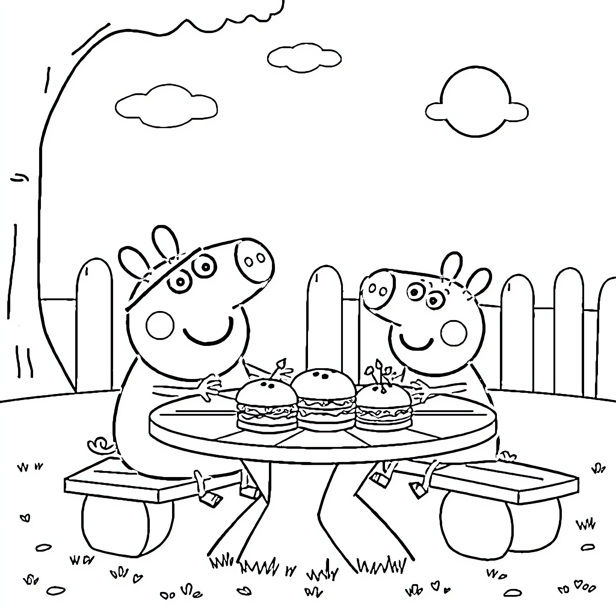 Peppa Pig and friends enjoying burgers outdoors Coloring Page (free black-and-white line drawing printable PDF for all, from beginners to advanced learners, including children, teens, adults, and seniors)