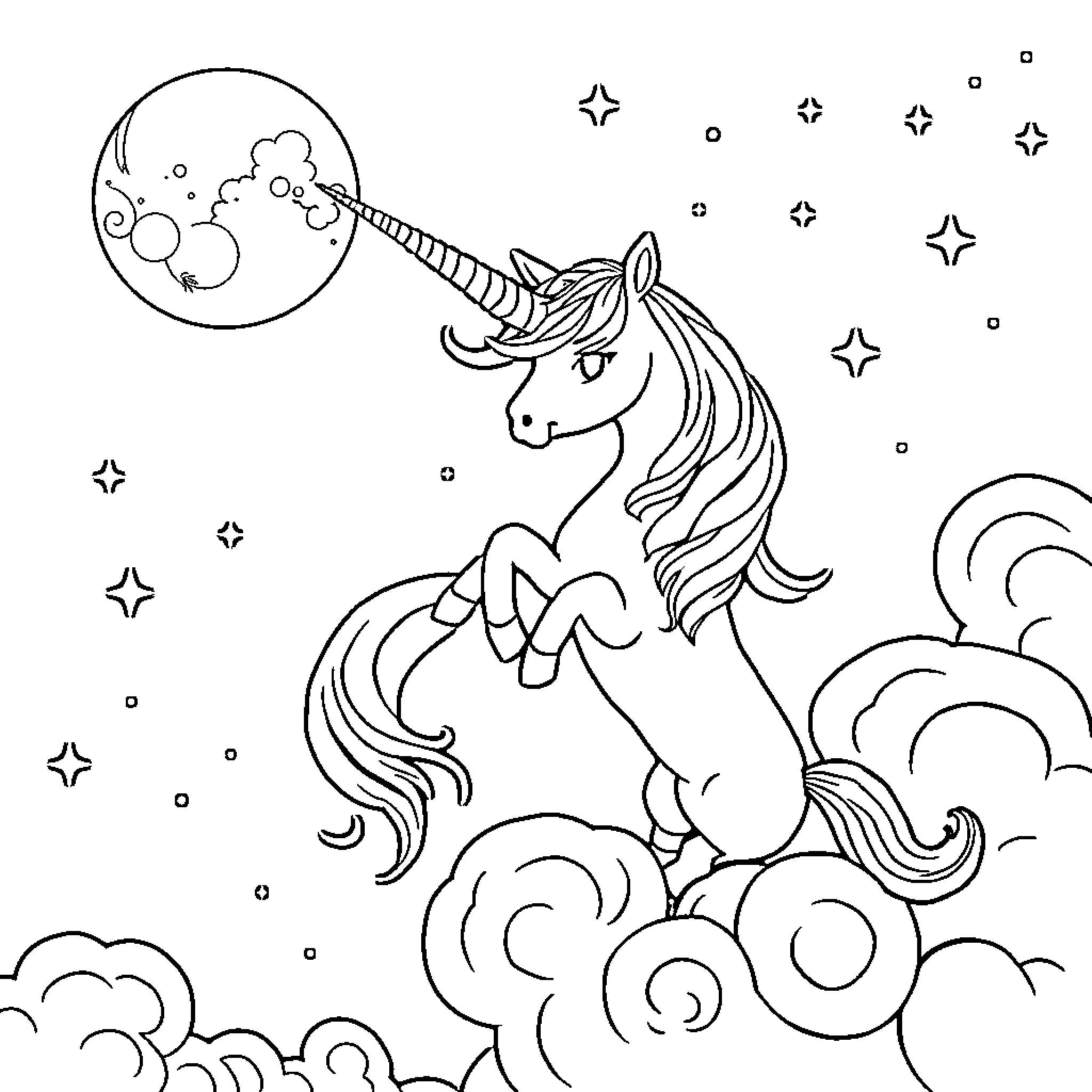 Unicorn soaring among the stars in the night sky Coloring Page (free black-and-white line drawing printable PDF for all, from beginners to advanced learners, including children, teens, adults, and seniors)