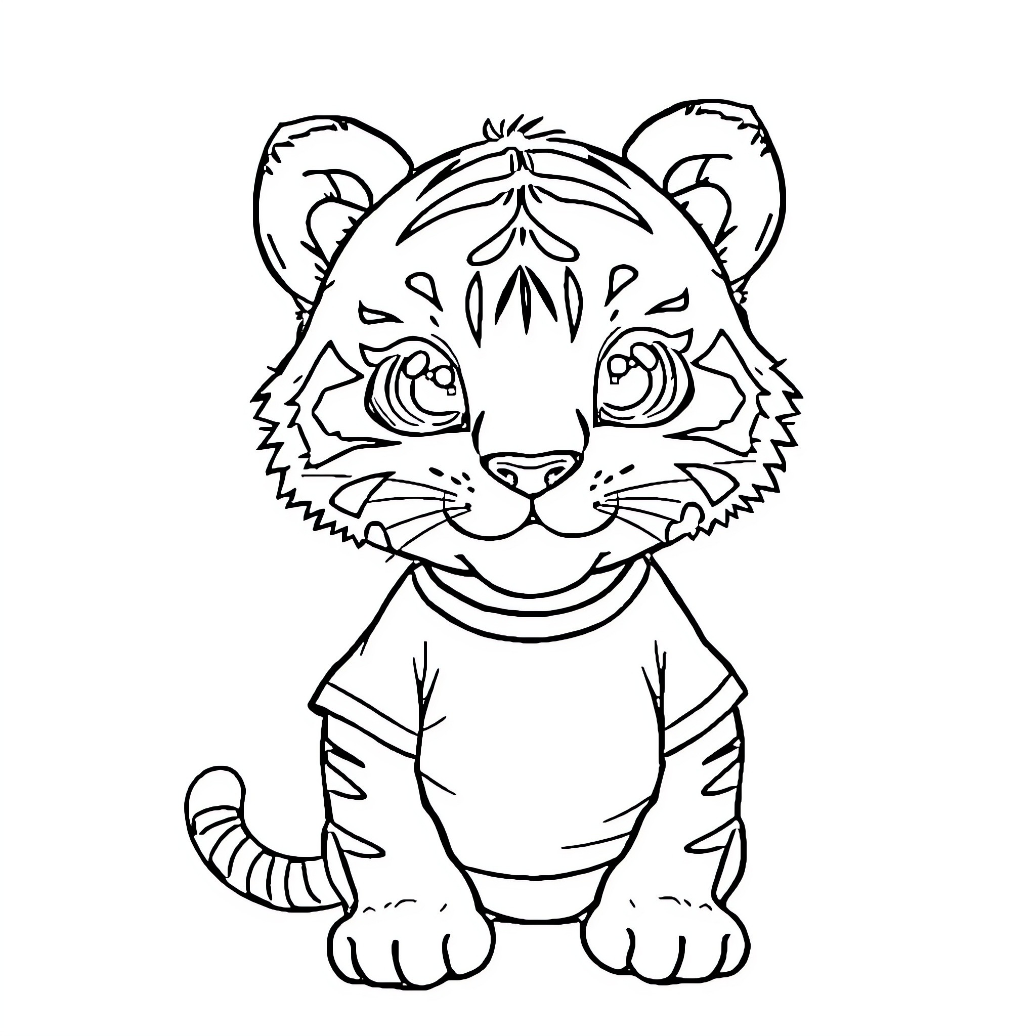 Tiger cub wearing a shirt and smiling Coloring Page (free black-and-white line drawing printable PDF for all, from beginners to advanced learners, including children, teens, adults, and seniors)