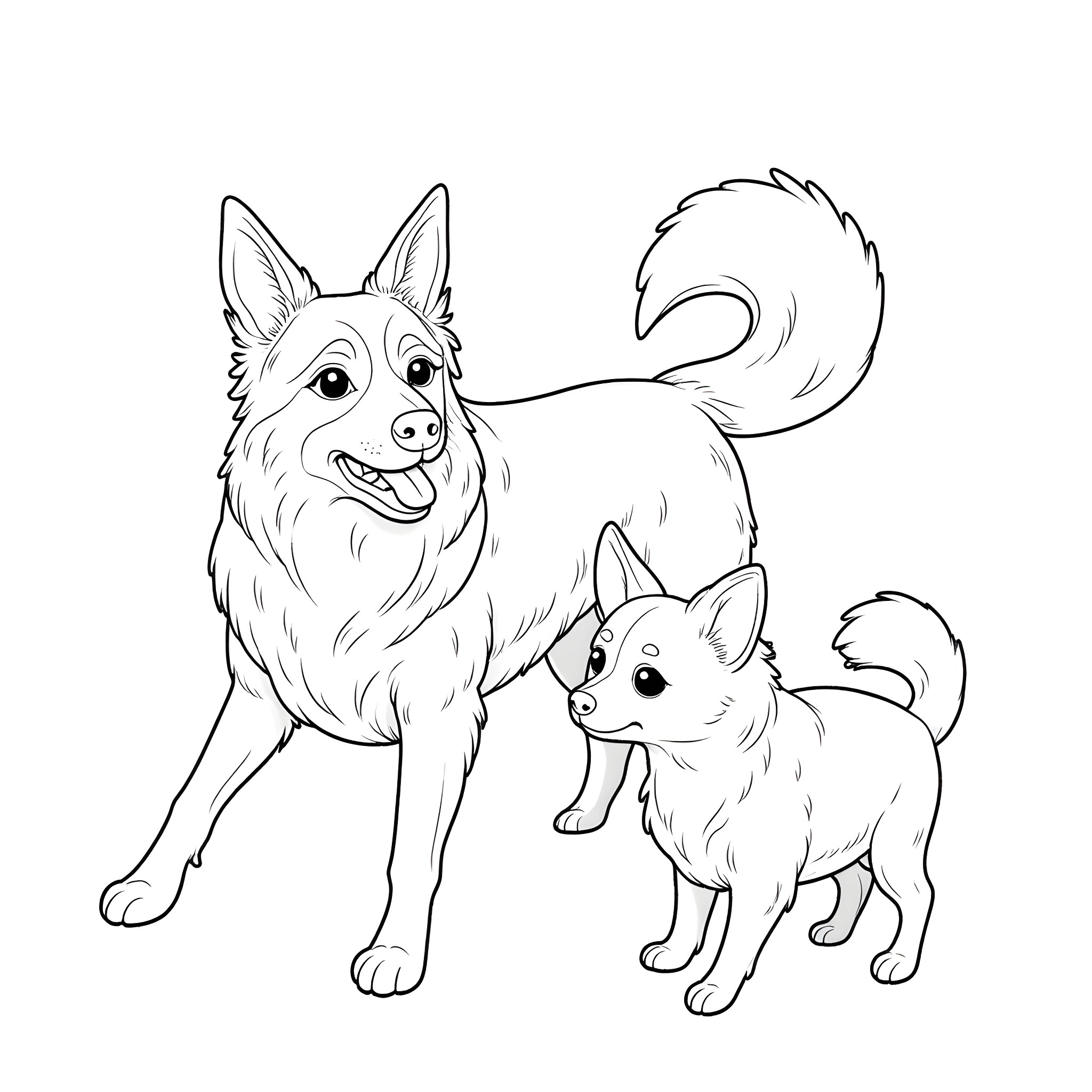 Dog and puppy playing happily together Coloring Page (free black-and-white line drawing printable PDF for all, from beginners to advanced learners, including children, teens, adults, and seniors)