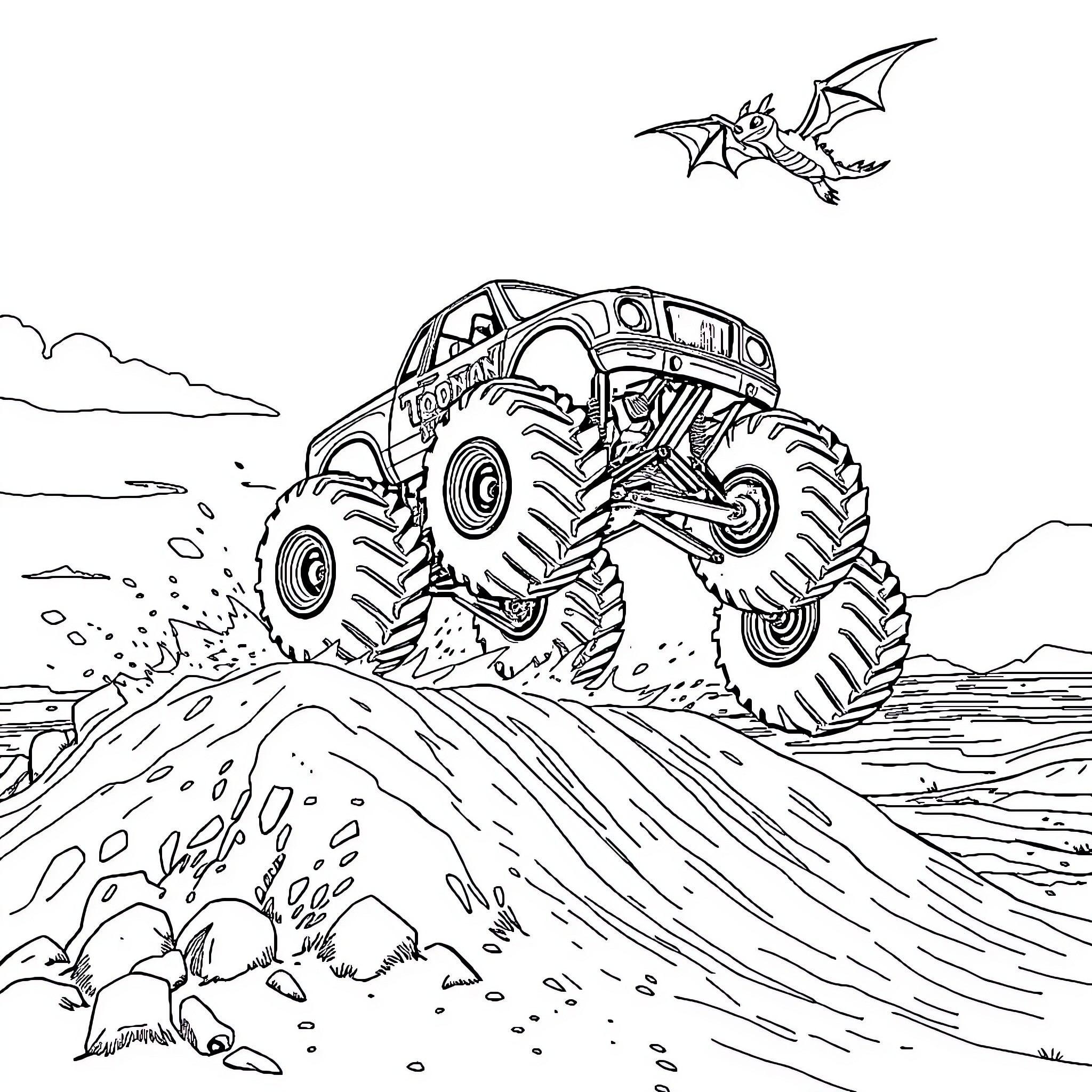 Monster Truck Crushing Obstacles in Rugged Terrain Coloring Page (free black-and-white line drawing printable PDF for all, from beginners to advanced learners, including children, teens, adults, and seniors)