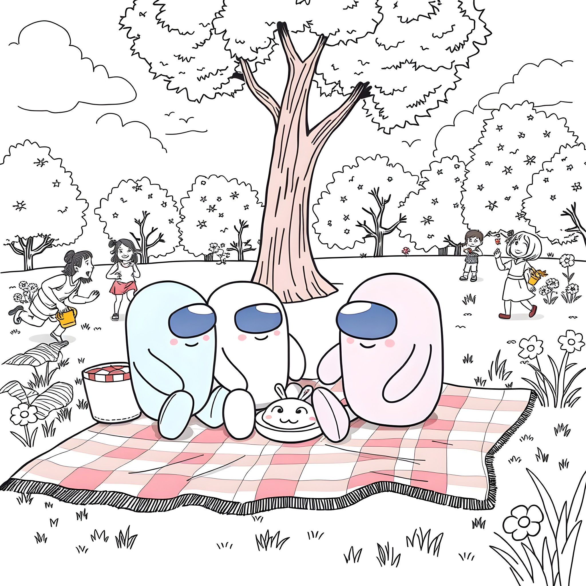 Among Us characters enjoying a picnic in the park Coloring Page (free black-and-white line drawing printable PDF for all, from beginners to advanced learners, including children, teens, adults, and seniors)