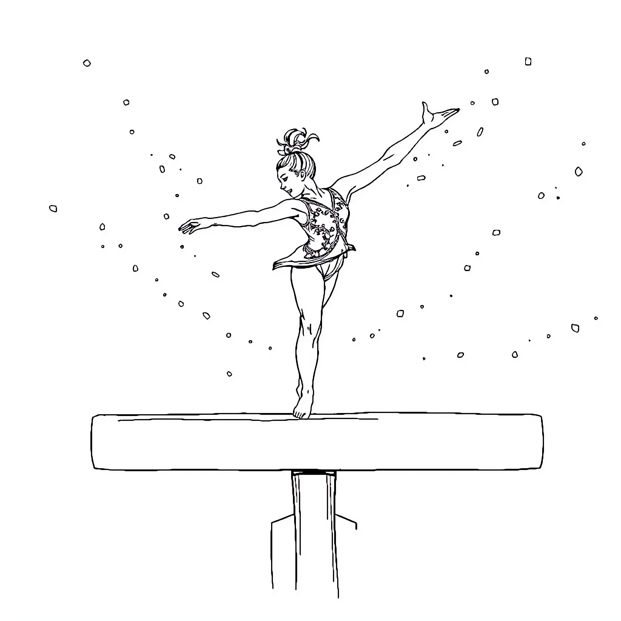 Gymnast performing balance routine on balance beam Coloring Page (free black-and-white line drawing printable PDF for all, from beginners to advanced learners, including children, teens, adults, and seniors)