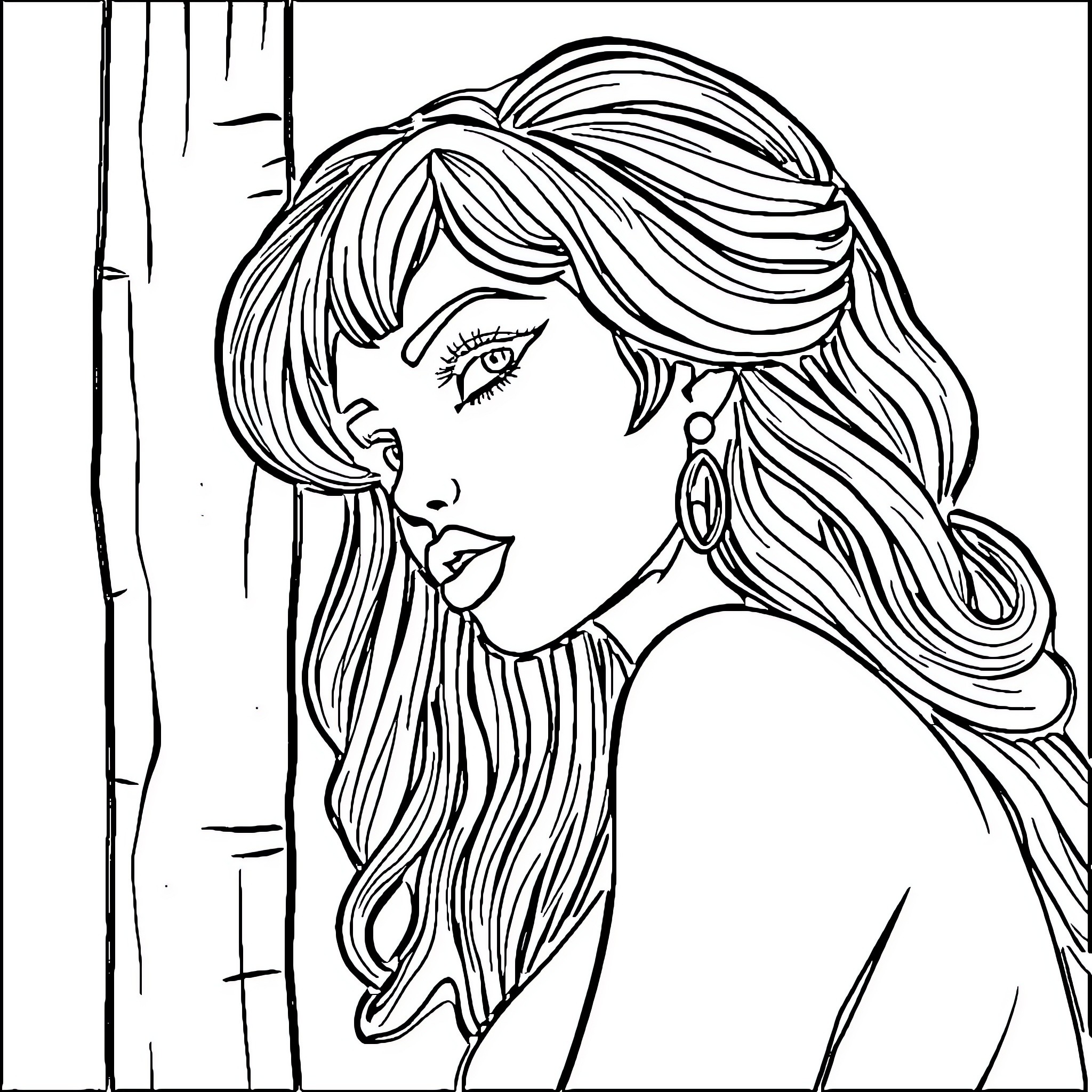 Printable Portrait of a Pensive Woman Coloring Page (free black-and-white line drawing printable PDF for all, from beginners to advanced learners, including children, teens, adults, and seniors)
