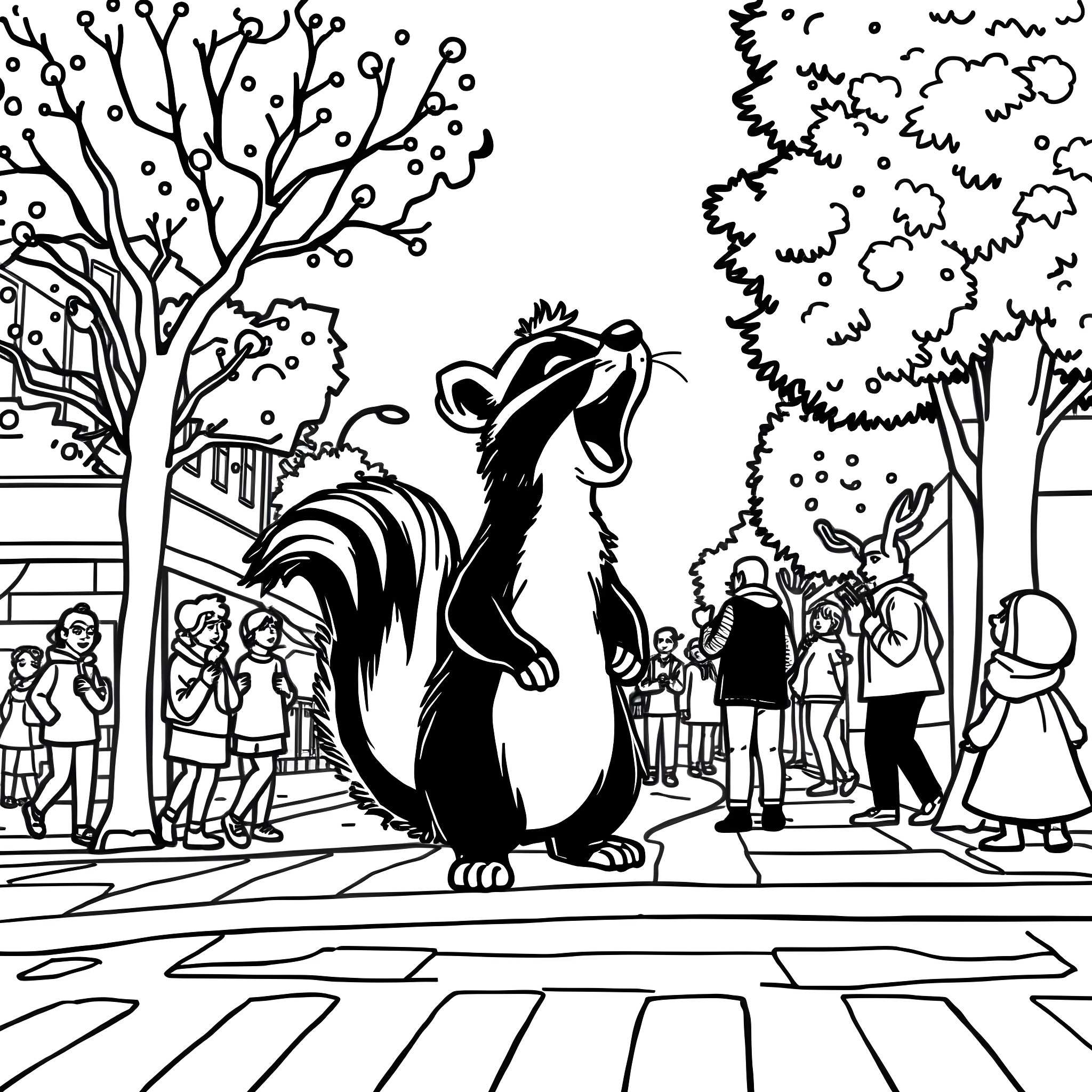Skunk causing a scene in the park with onlookers Coloring Page (free black-and-white line drawing printable PDF for all, from beginners to advanced learners, including children, teens, adults, and seniors)