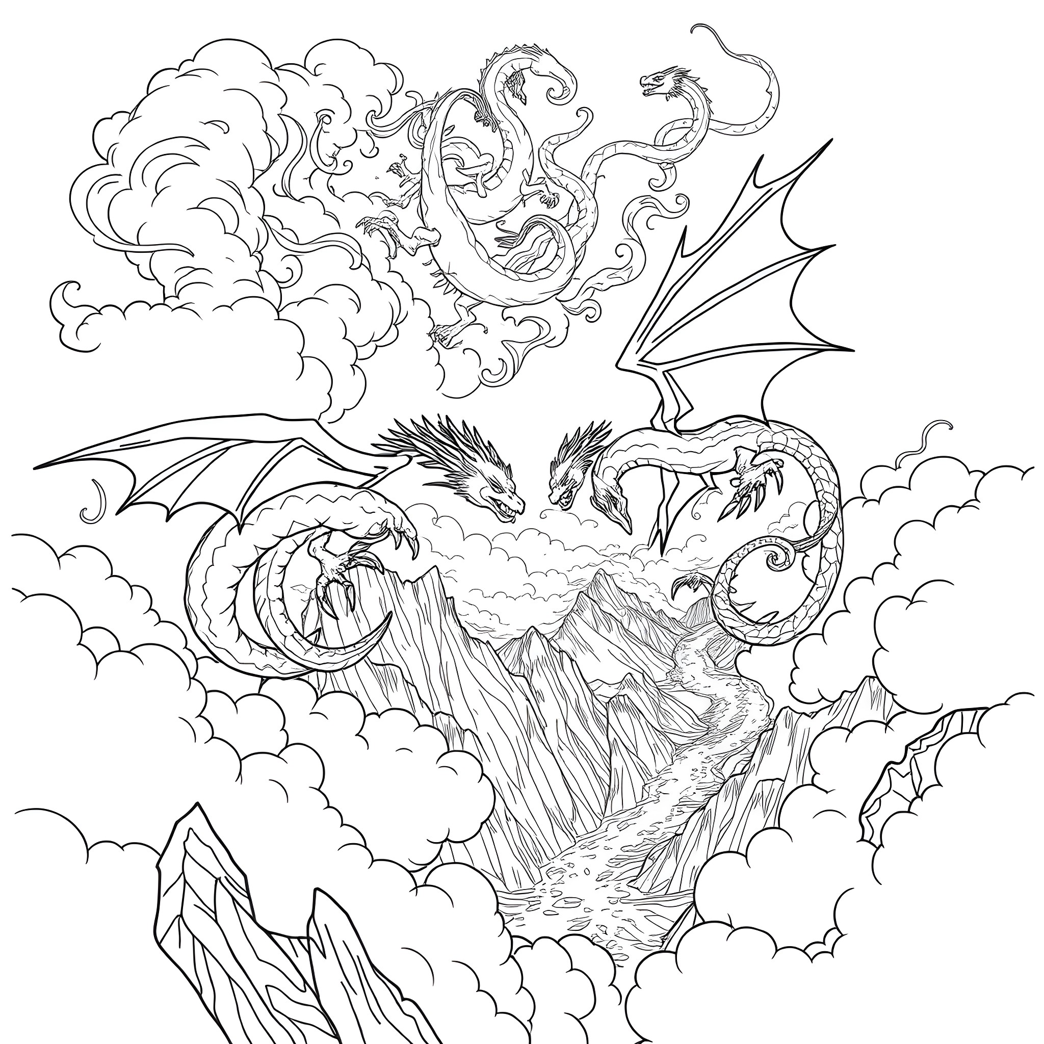 Dragons soaring through the majestic skies Coloring Page (free black-and-white line drawing printable PDF for all, from beginners to advanced learners, including children, teens, adults, and seniors)