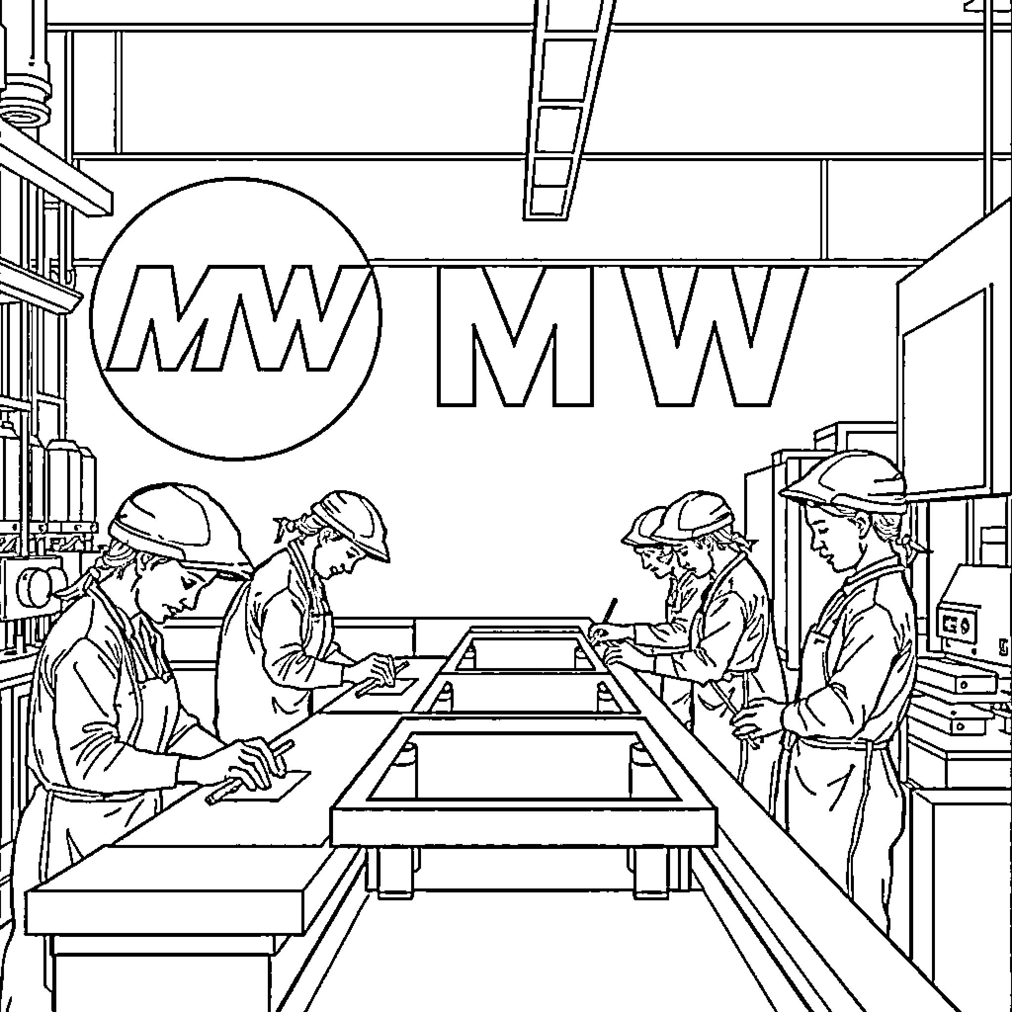 Production Line of Manufacturing Workers Collaborating Coloring Page (free black-and-white line drawing printable PDF for all, from beginners to advanced learners, including children, teens, adults, and seniors)