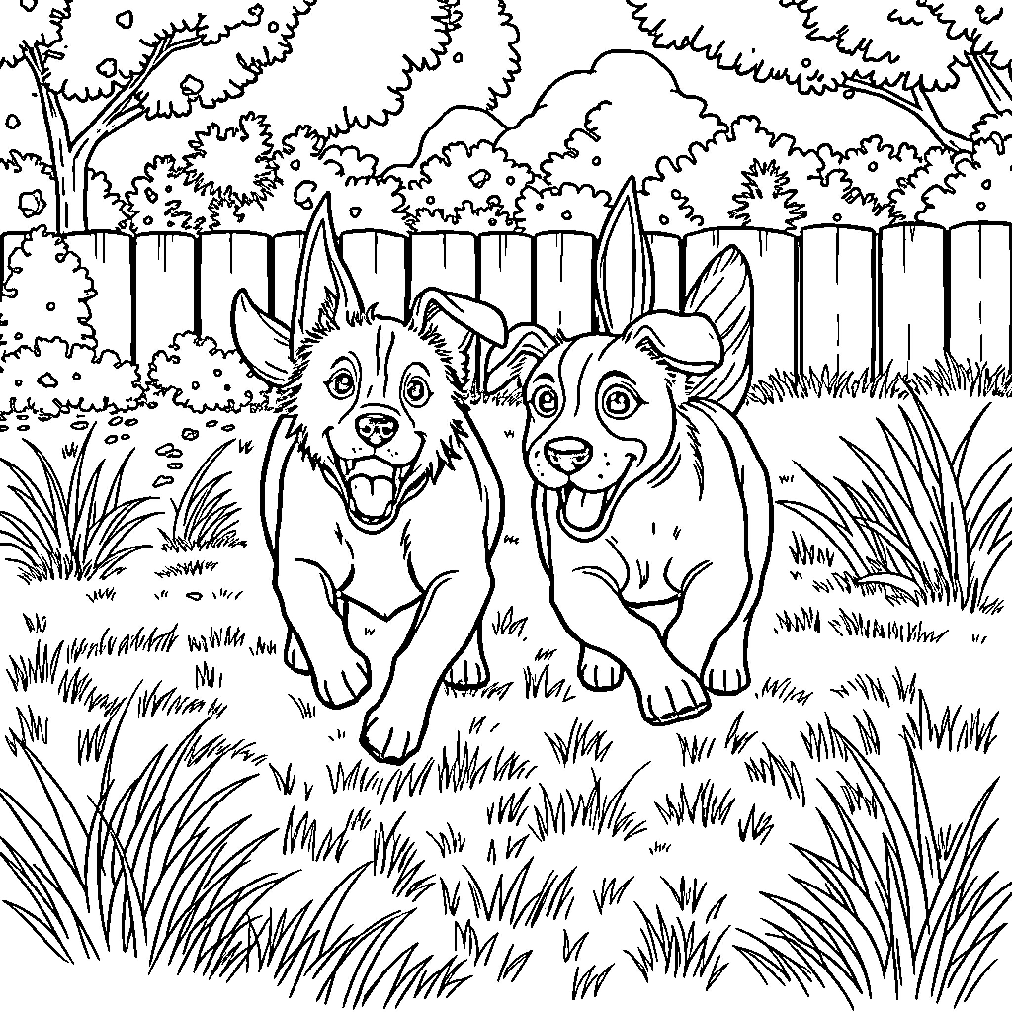 Dog friends playing happily in the yard Coloring Page (free black-and-white line drawing printable PDF for all, from beginners to advanced learners, including children, teens, adults, and seniors)
