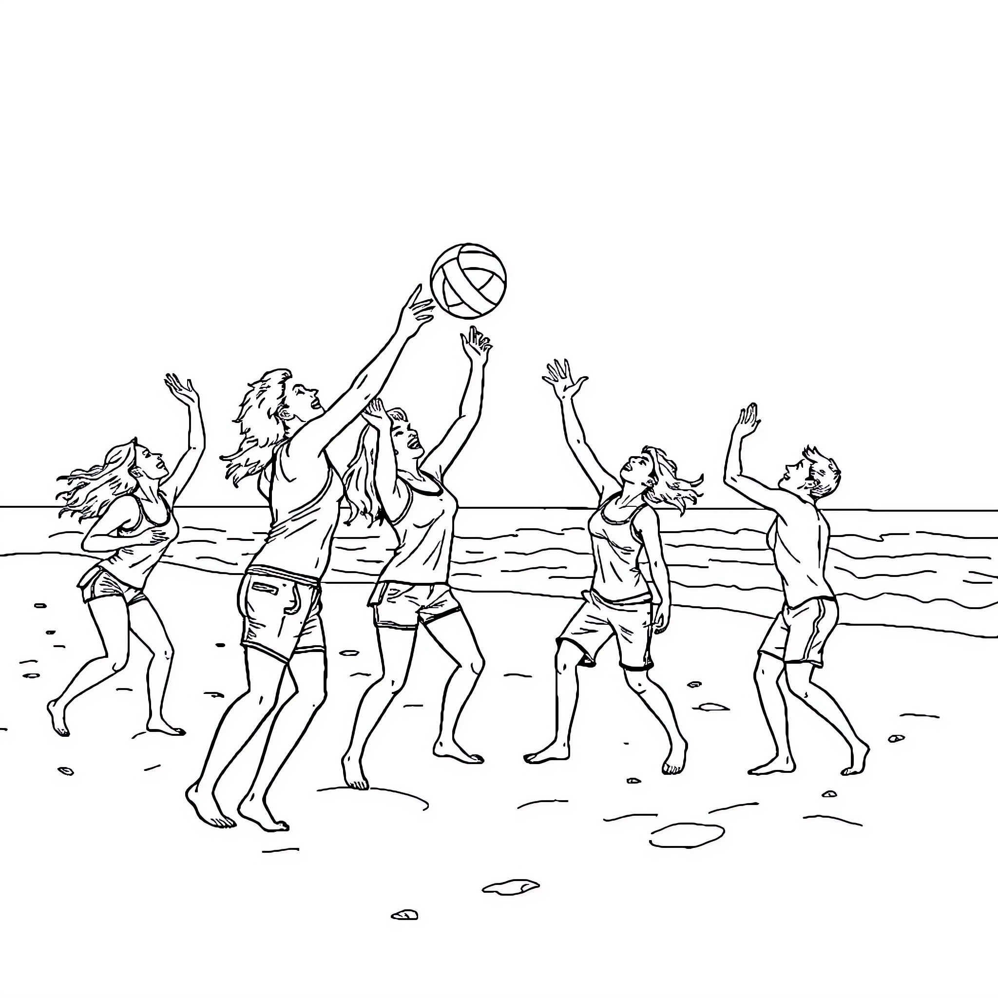 Person playing volleyball at the beach Coloring Page (free black-and-white line drawing printable PDF for all, from beginners to advanced learners, including children, teens, adults, and seniors)