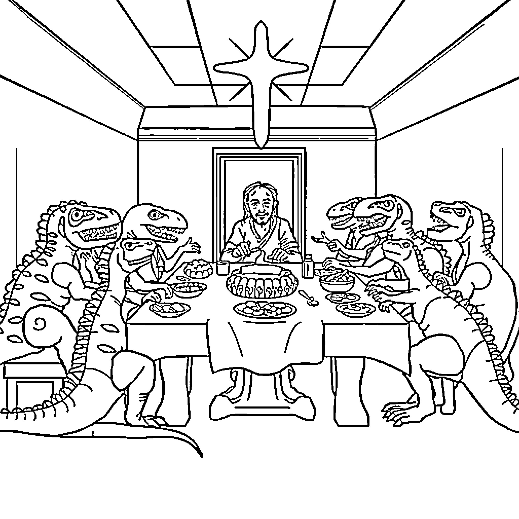 Dinosaur dinner party with spiritual leader Coloring Page (free black-and-white line drawing printable PDF for all, from beginners to advanced learners, including children, teens, adults, and seniors)