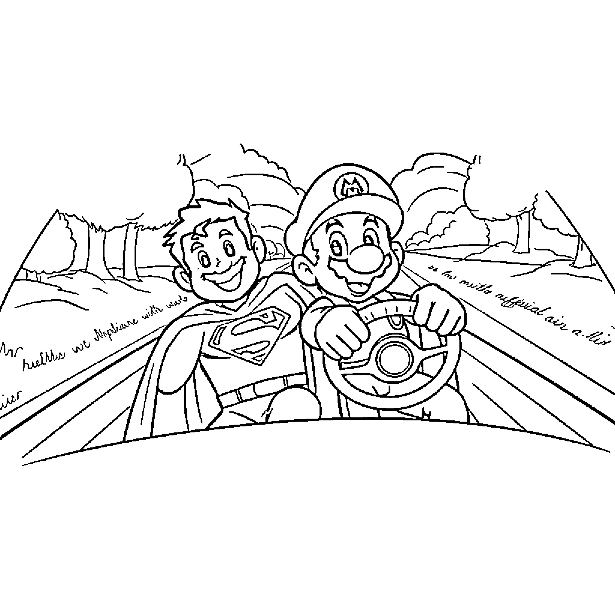 Superman Mario and Luigi racing in the countryside Coloring Page (free black-and-white line drawing printable PDF for all, from beginners to advanced learners, including children, teens, adults, and seniors)