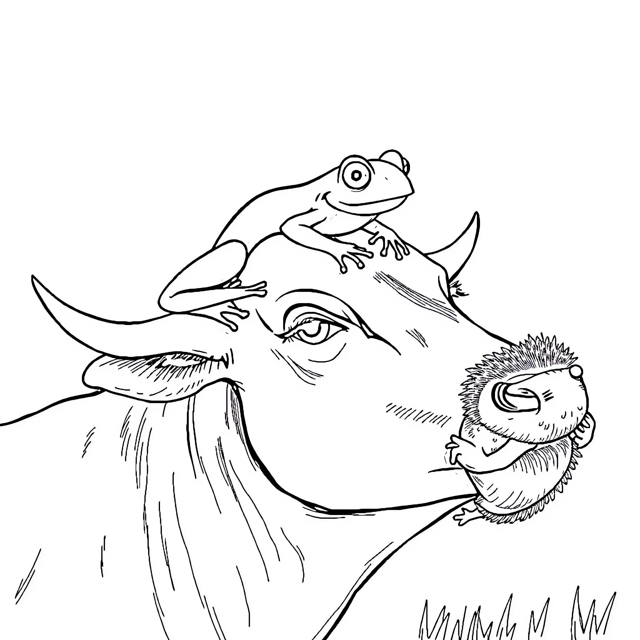 Frog sitting on a hedgehog's head Coloring Page (free black-and-white line drawing printable PDF for all, from beginners to advanced learners, including children, teens, adults, and seniors)