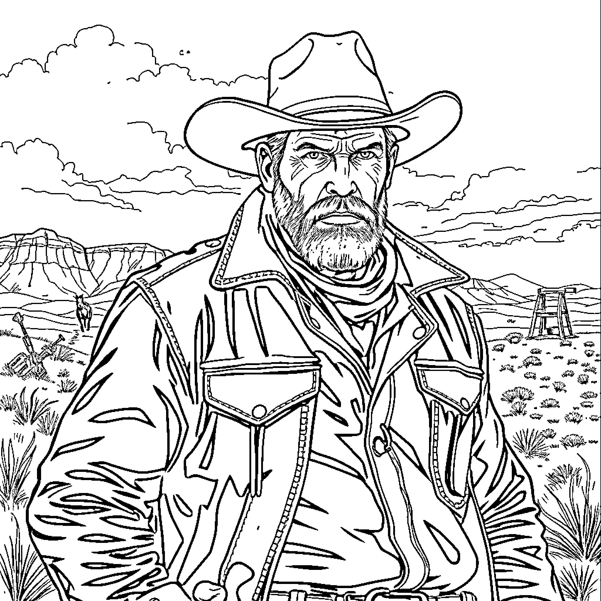 Arthur Morgan standing resolute in the rugged wilderness Coloring Page (free black-and-white line drawing printable PDF for all, from beginners to advanced learners, including children, teens, adults, and seniors)
