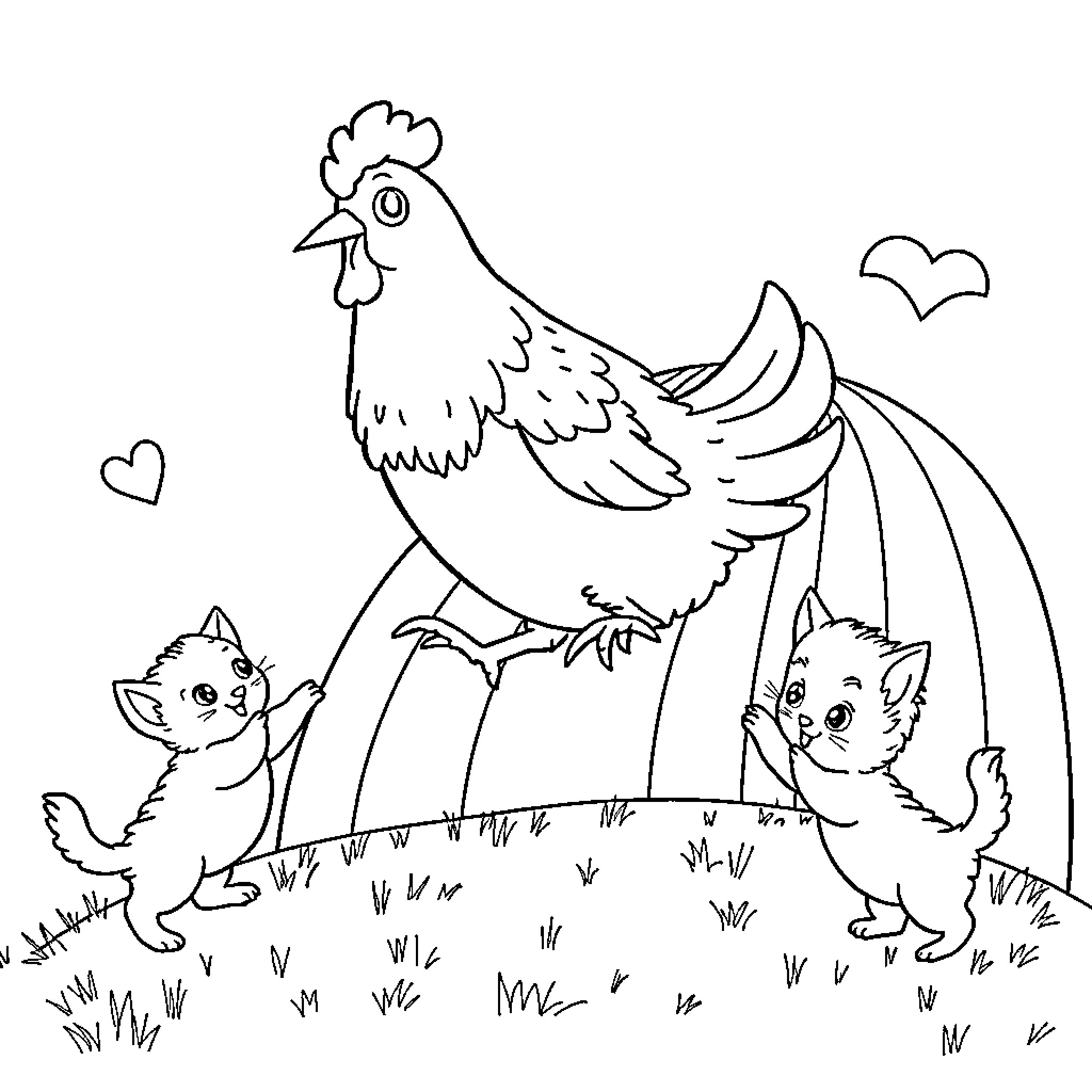 Chicken and Kittens in Idyllic Outdoor Scene Coloring Page (free black-and-white line drawing printable PDF for all, from beginners to advanced learners, including children, teens, adults, and seniors)