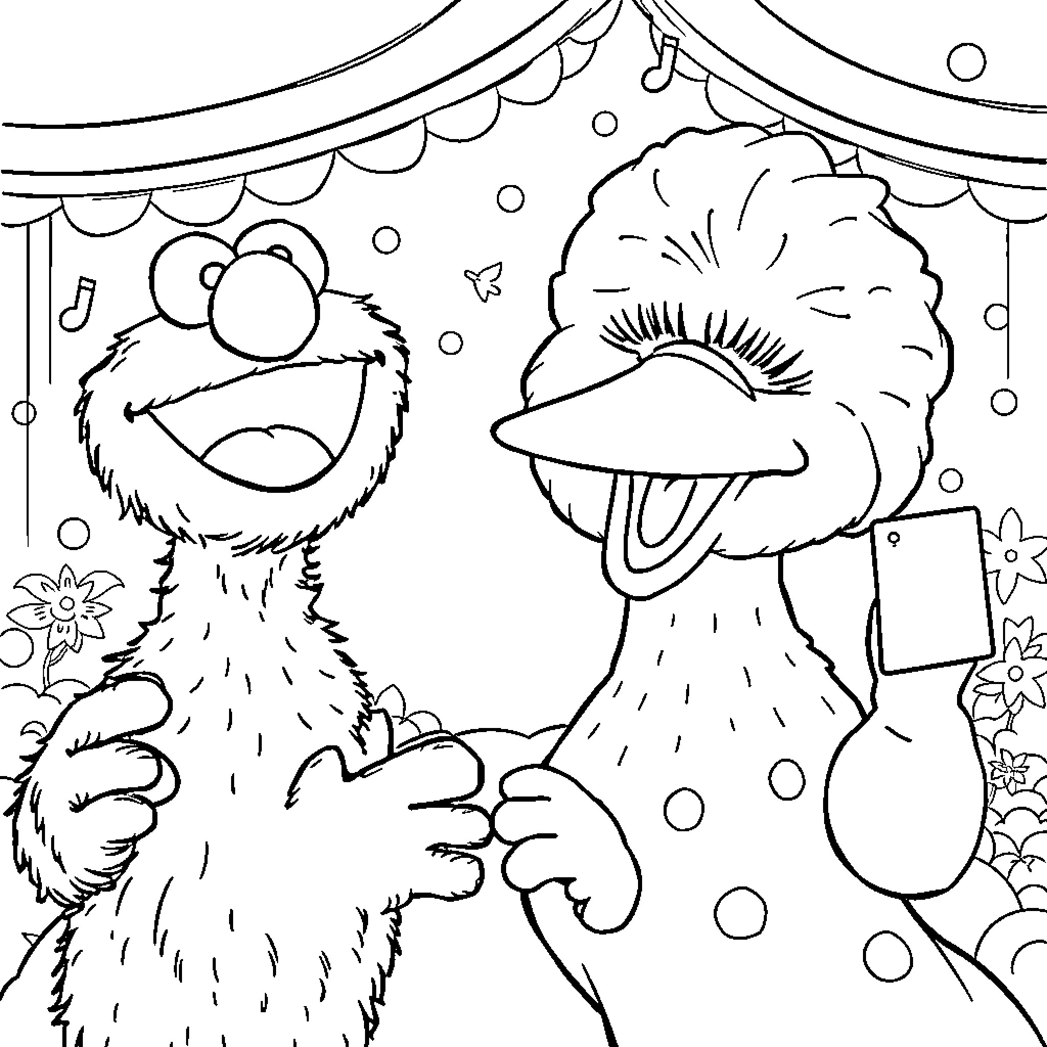 Elmo Enjoying a Playful Carnival Scene Coloring Page (free black-and-white line drawing printable PDF for all, from beginners to advanced learners, including children, teens, adults, and seniors)