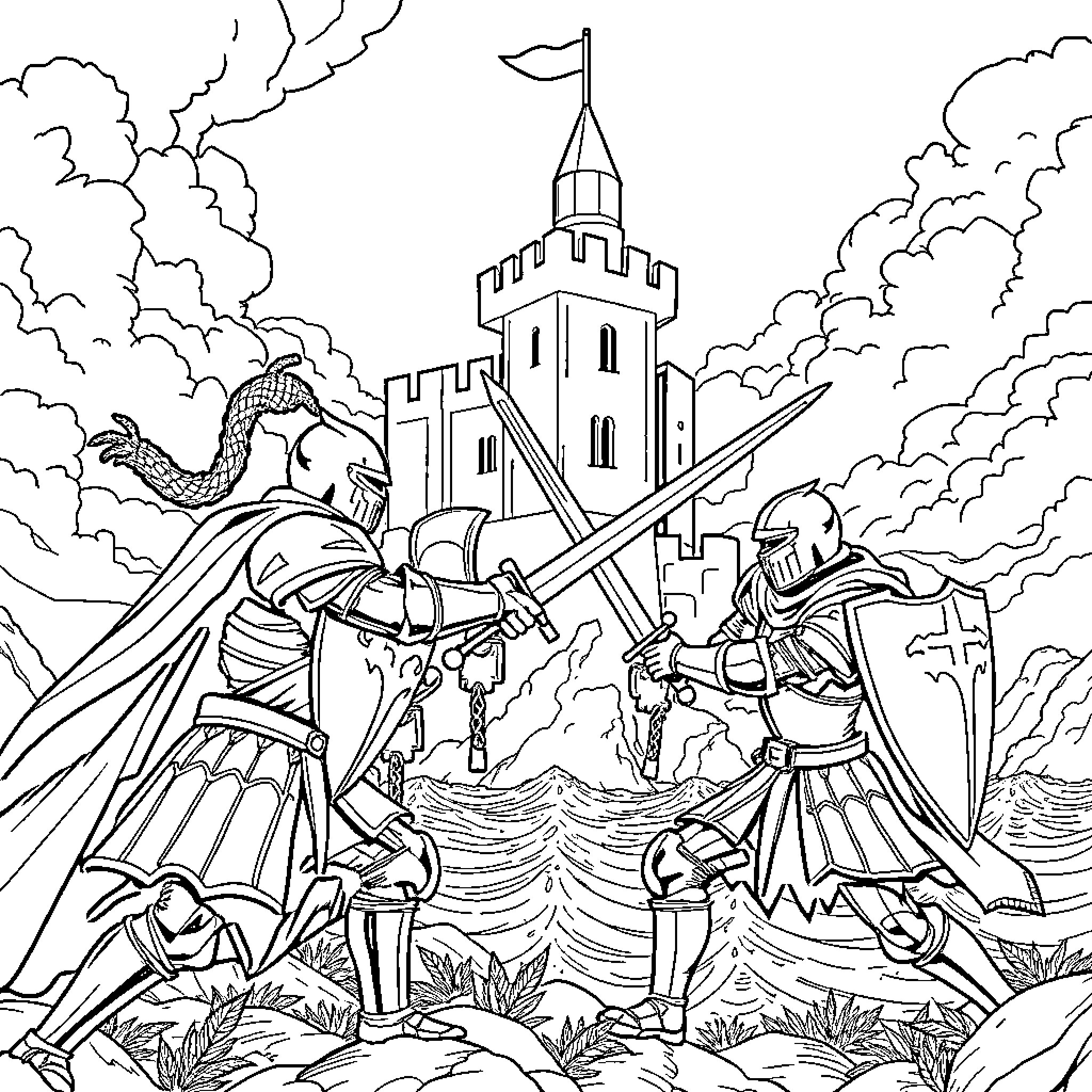 Knight's Fierce Battle Outside a Fortified Castle Coloring Page (free black-and-white line drawing printable PDF for all, from beginners to advanced learners, including children, teens, adults, and seniors)
