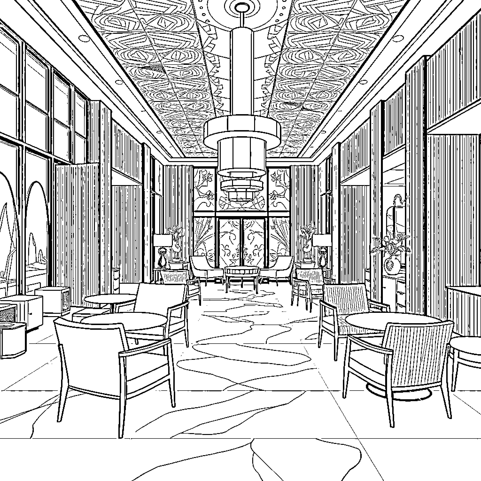 Furniture in a Luxurious Lobby Setting Coloring Page (free black-and-white line drawing printable PDF for all, from beginners to advanced learners, including children, teens, adults, and seniors)