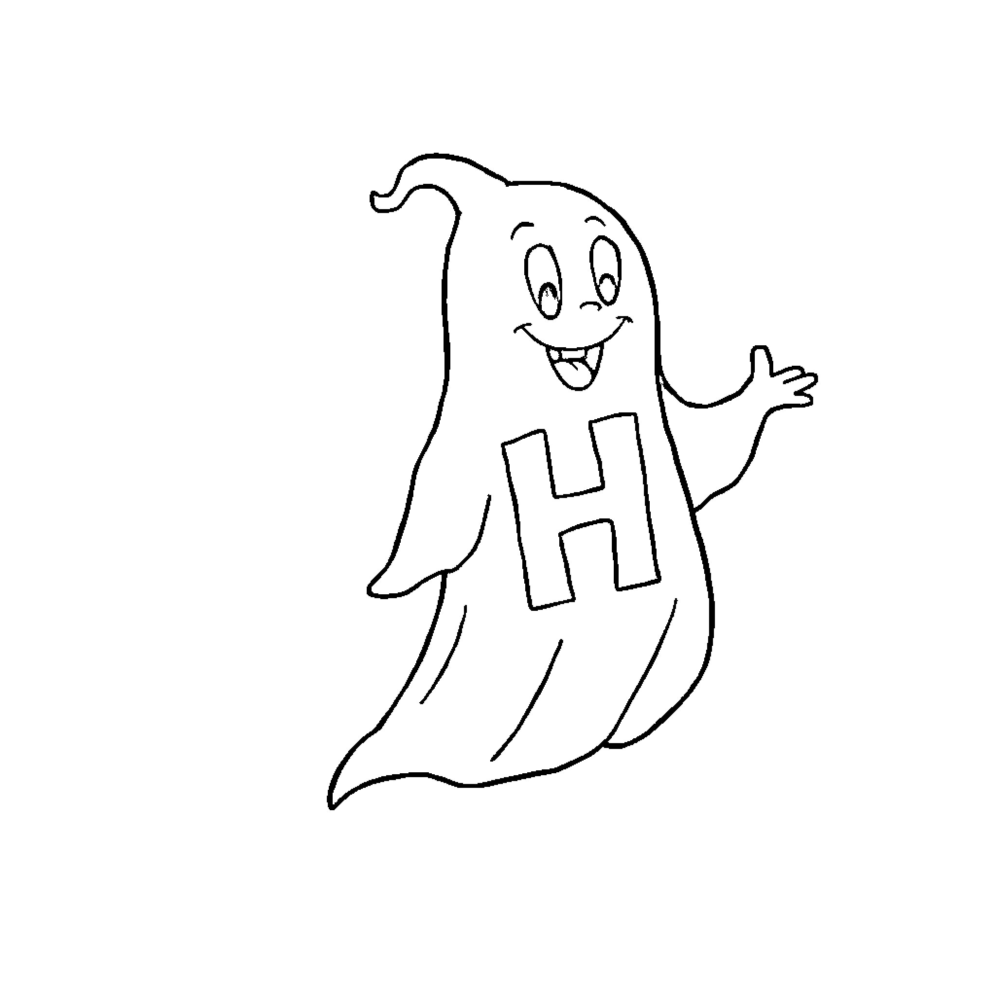 Ghost happily waving with letter H Coloring Page (free black-and-white line drawing printable PDF for all, from beginners to advanced learners, including children, teens, adults, and seniors)