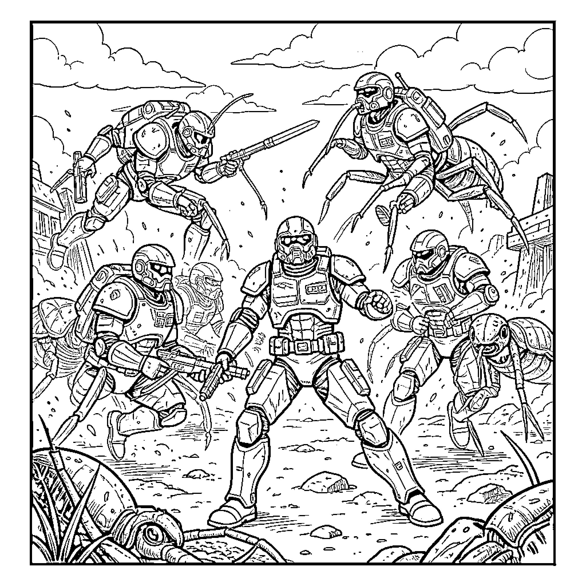 Starship Trooper soldiers battling giant insect creatures Coloring Page (free black-and-white line drawing printable PDF for all, from beginners to advanced learners, including children, teens, adults, and seniors)