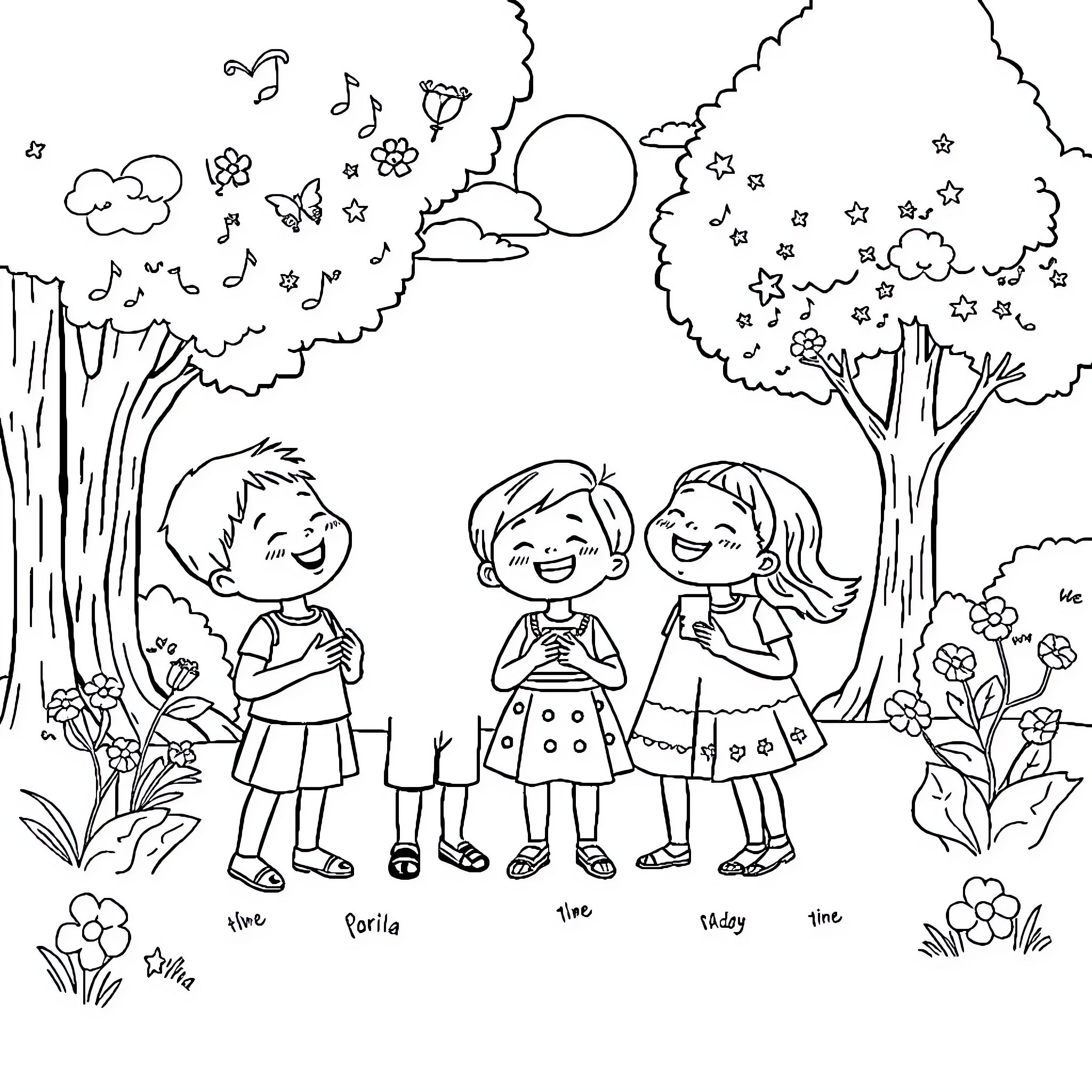 Lirili Larila: Children playing happily in the park Coloring Page (free black-and-white line drawing printable PDF for all, from beginners to advanced learners, including children, teens, adults, and seniors)