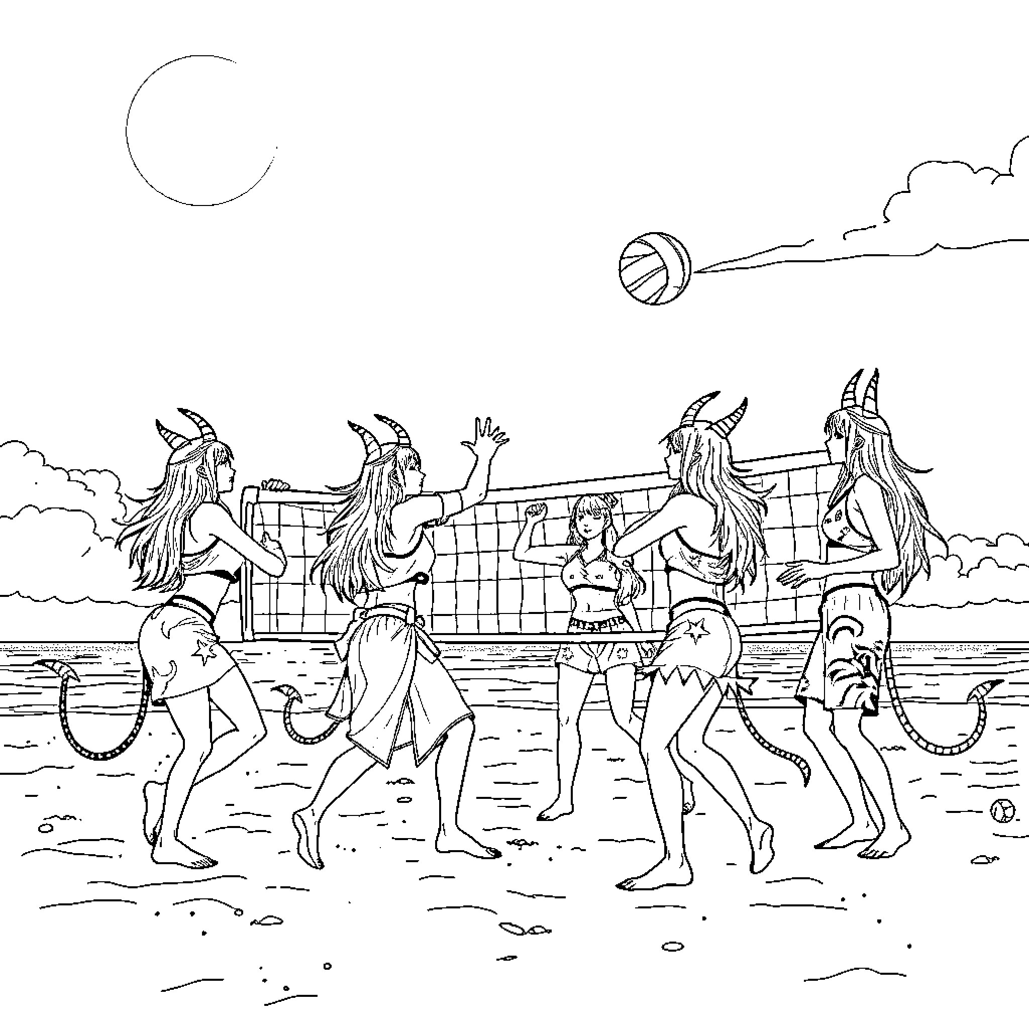 Demon Hunter volleyball game under the moonlight Coloring Page (free black-and-white line drawing printable PDF for all, from beginners to advanced learners, including children, teens, adults, and seniors)