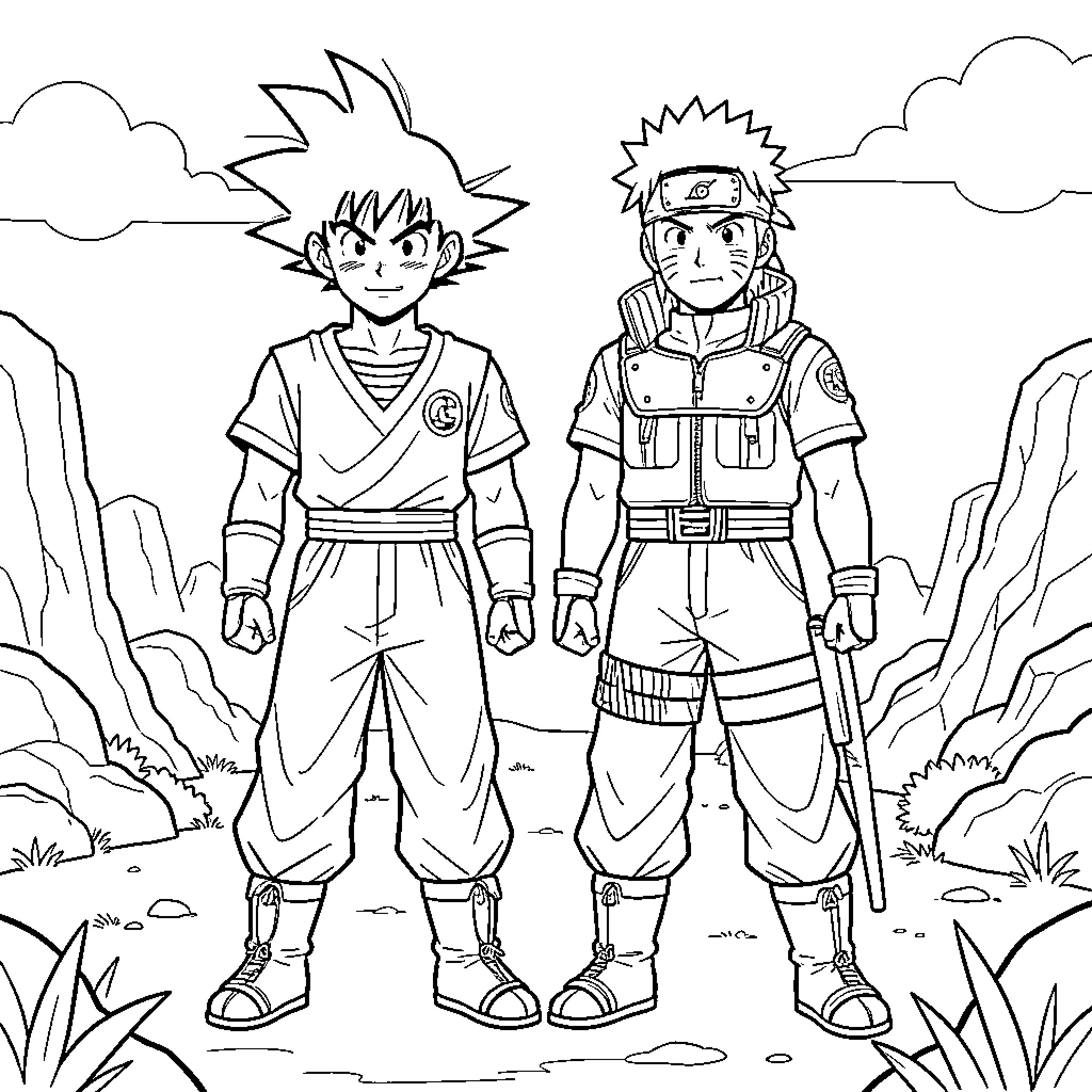 Goku and Naruto standing together in the wilderness Coloring Page (free black-and-white line drawing printable PDF for all, from beginners to advanced learners, including children, teens, adults, and seniors)