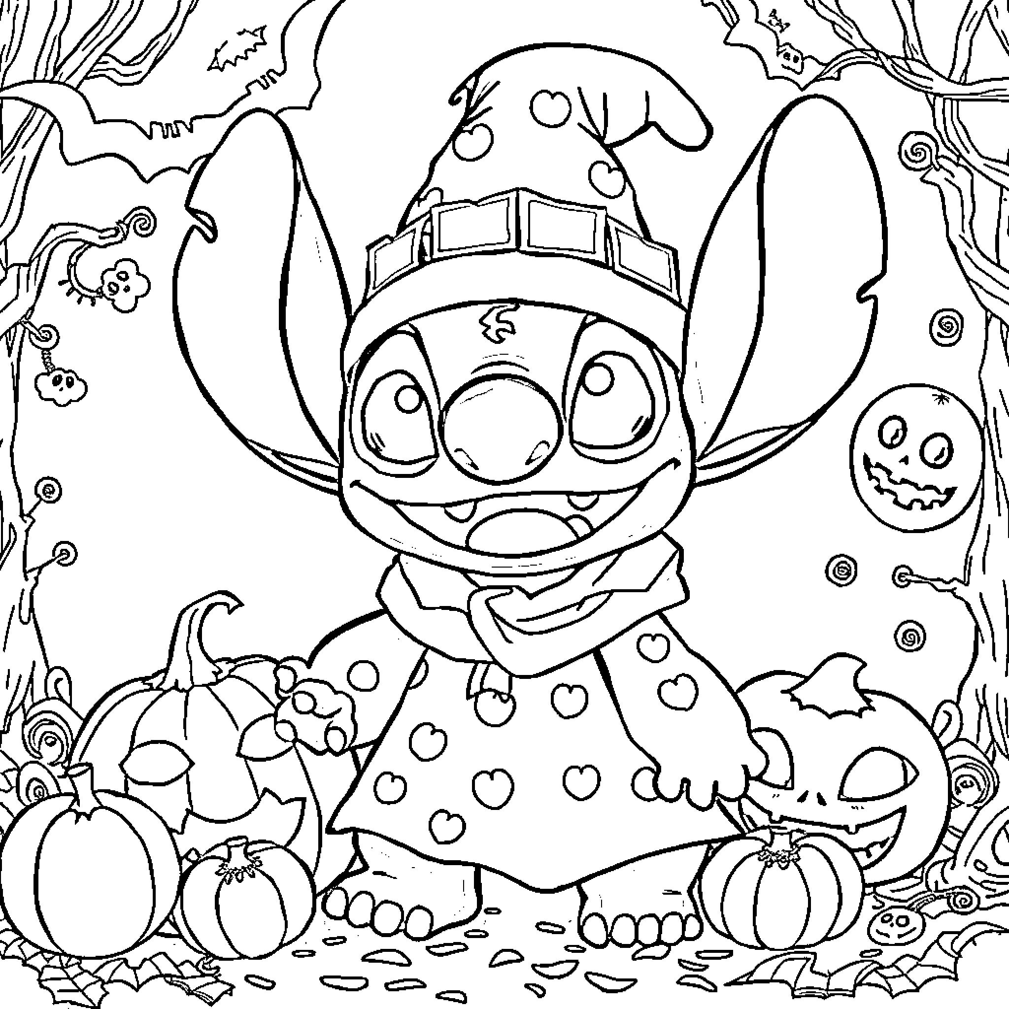Stitch enjoying the Halloween scene with pumpkins and bats Coloring Page (free black-and-white line drawing printable PDF for all, from beginners to advanced learners, including children, teens, adults, and seniors)