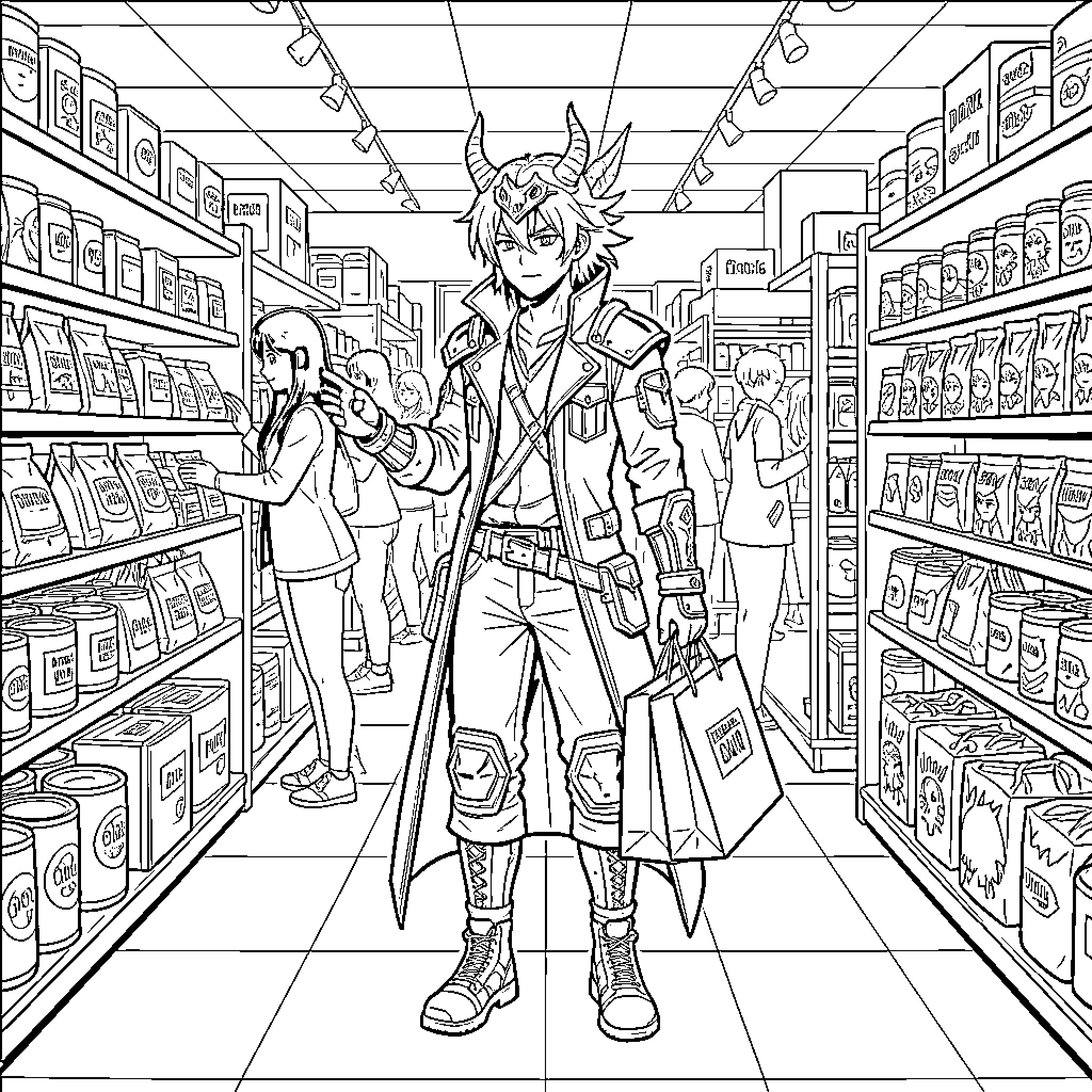 Kpop Demon Hunter standing in a grocery store aisle Coloring Page (free black-and-white line drawing printable PDF for all, from beginners to advanced learners, including children, teens, adults, and seniors)