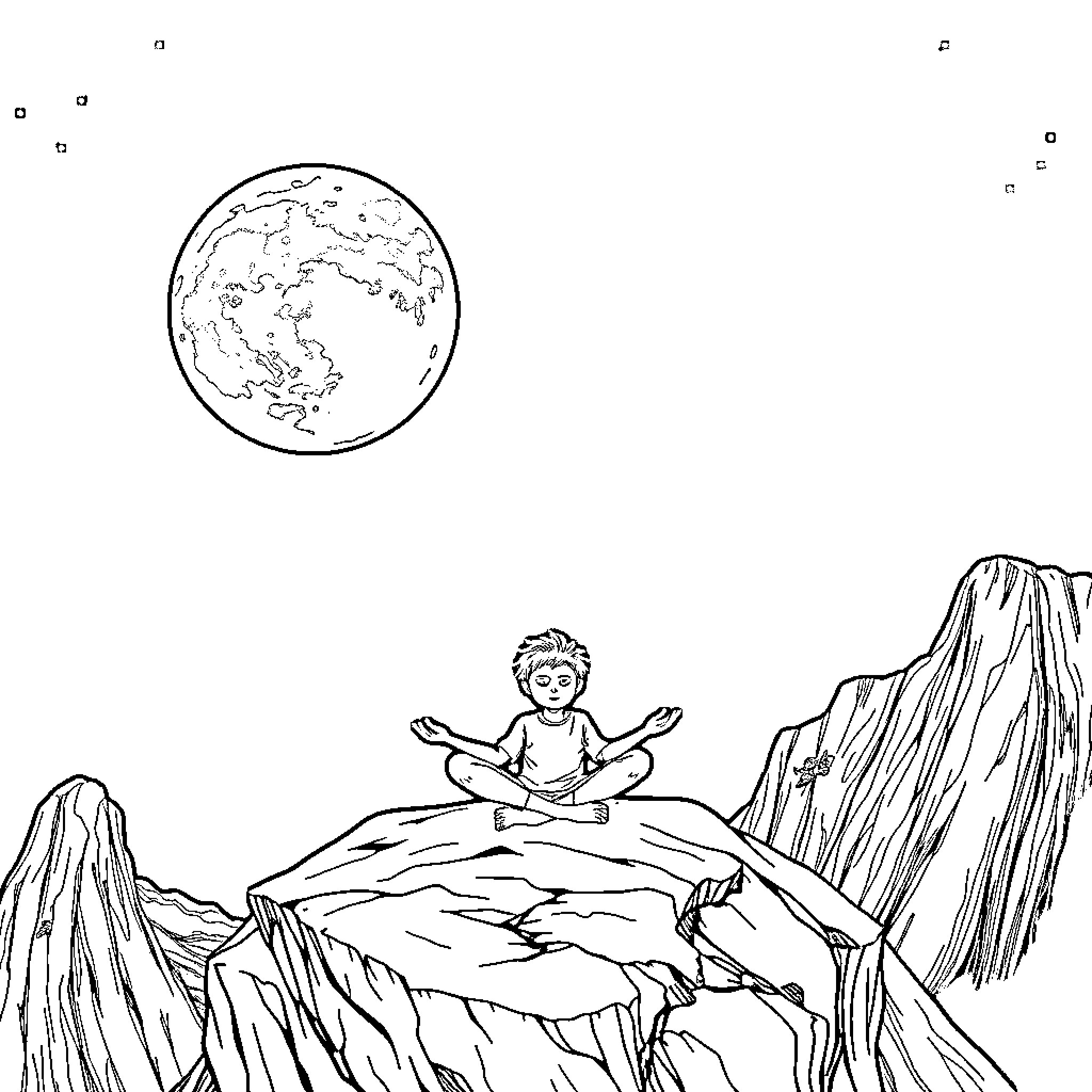 Boy meditating on a rocky mountain with a full moon Coloring Page (free black-and-white line drawing printable PDF for all, from beginners to advanced learners, including children, teens, adults, and seniors)