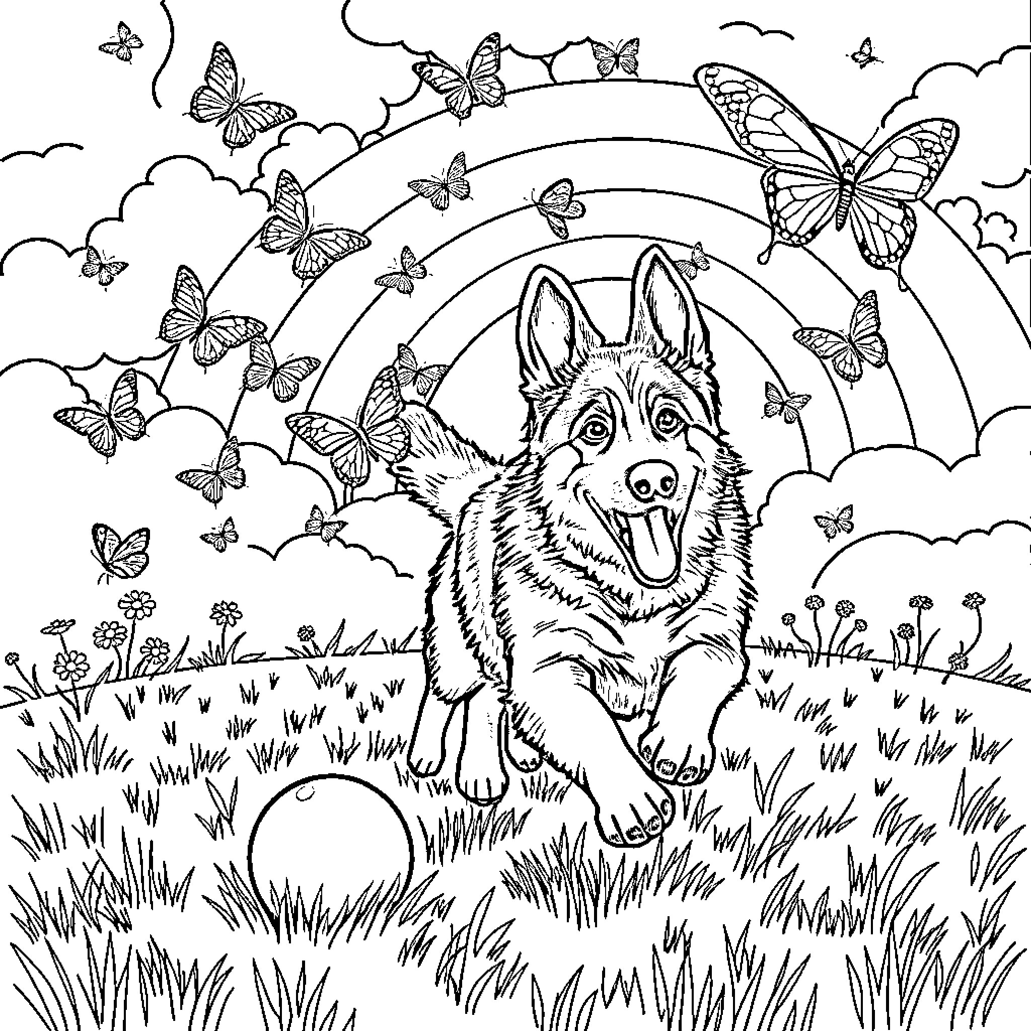Butterfly-Filled Meadow with Playful Dog Coloring Page (free black-and-white line drawing printable PDF for all, from beginners to advanced learners, including children, teens, adults, and seniors)