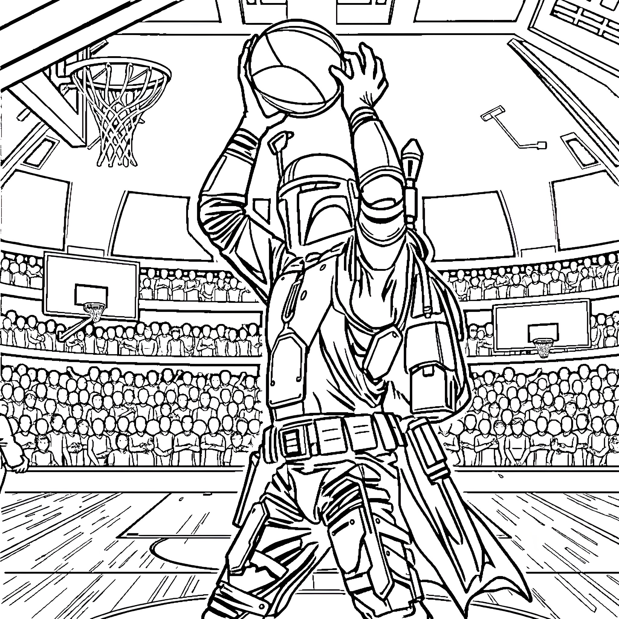 Boba Fett in action-packed basketball scene Coloring Page (free black-and-white line drawing printable PDF for all, from beginners to advanced learners, including children, teens, adults, and seniors)