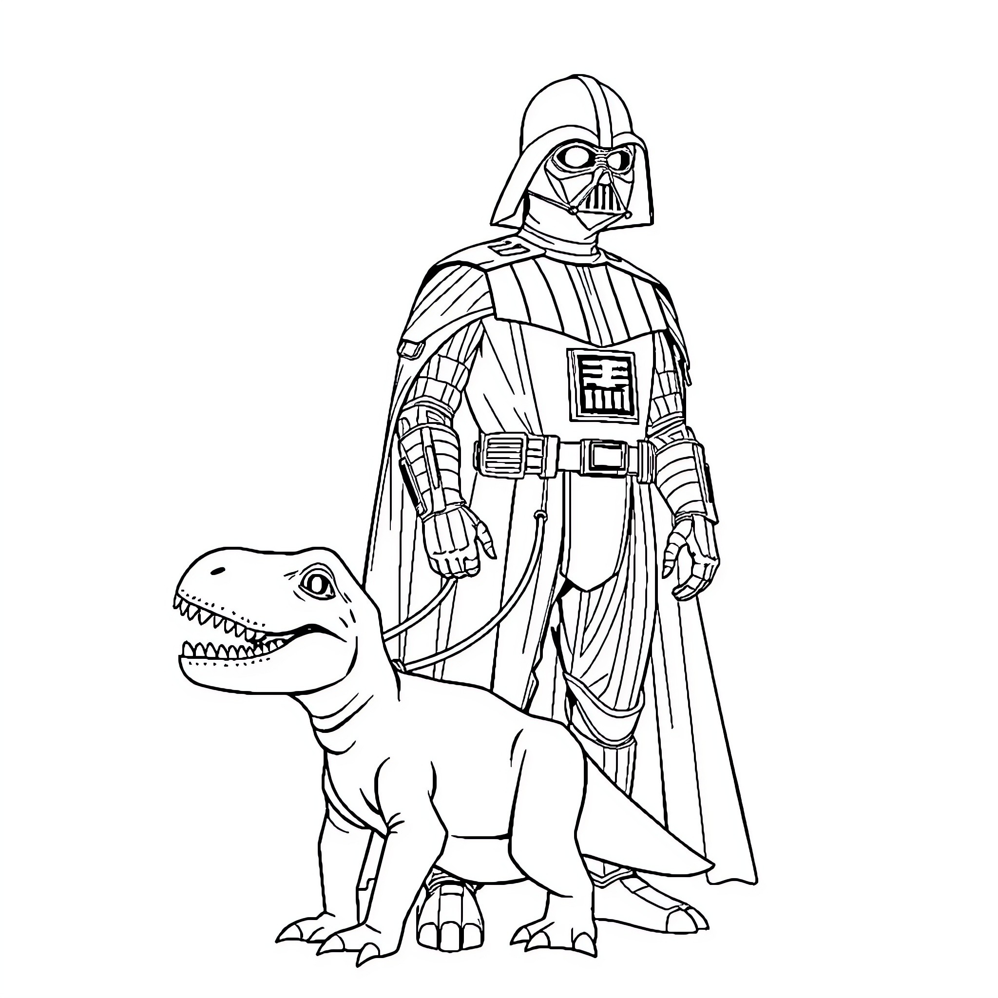 Darth Vader and a Dinosaur Companion Coloring Page (free black-and-white line drawing printable PDF for all, from beginners to advanced learners, including children, teens, adults, and seniors)