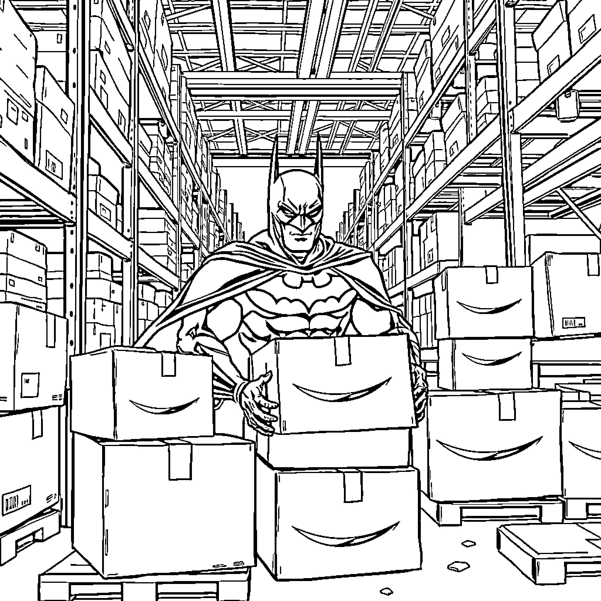 Batman Delivering Supplies in Warehouse Coloring Page (free black-and-white line drawing printable PDF for all, from beginners to advanced learners, including children, teens, adults, and seniors)
