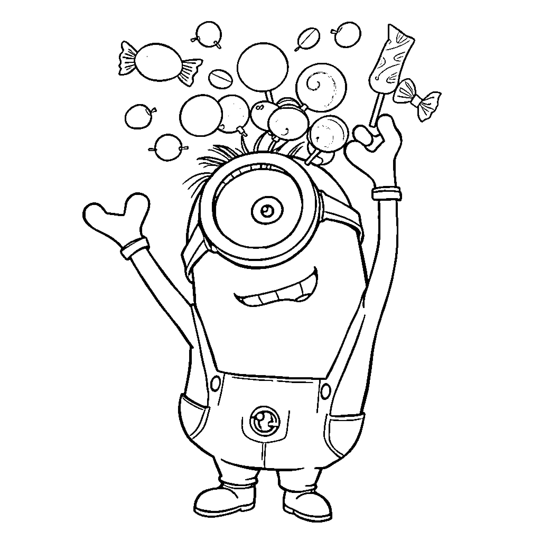 Minion playing with bubbles and candy Coloring Page (free black-and-white line drawing printable PDF for all, from beginners to advanced learners, including children, teens, adults, and seniors)