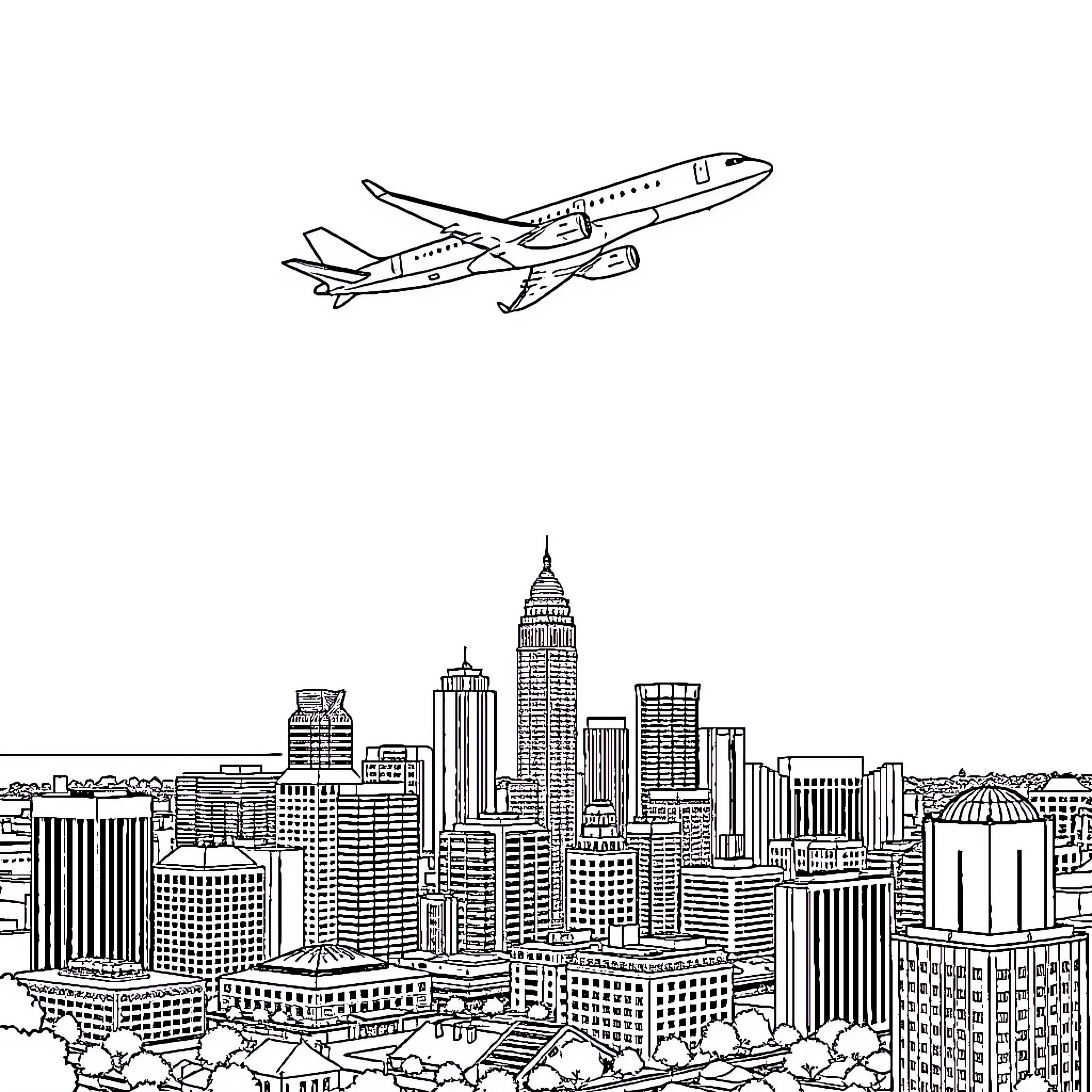 Airplane flying over the city skyline Coloring Page (free black-and-white line drawing printable PDF for all, from beginners to advanced learners, including children, teens, adults, and seniors)