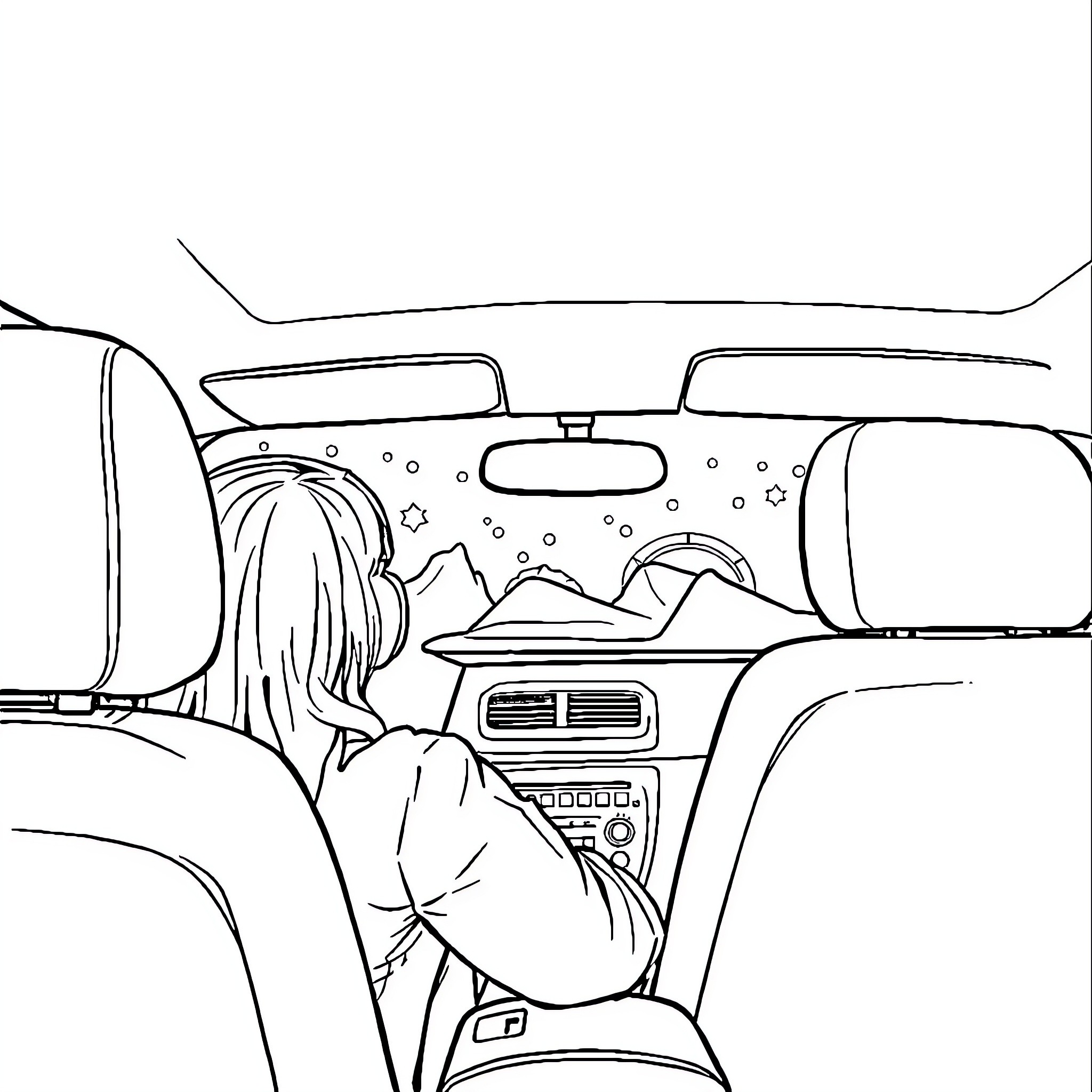 Car interior with person in backseat Coloring Page (free black-and-white line drawing printable PDF for all, from beginners to advanced learners, including children, teens, adults, and seniors)